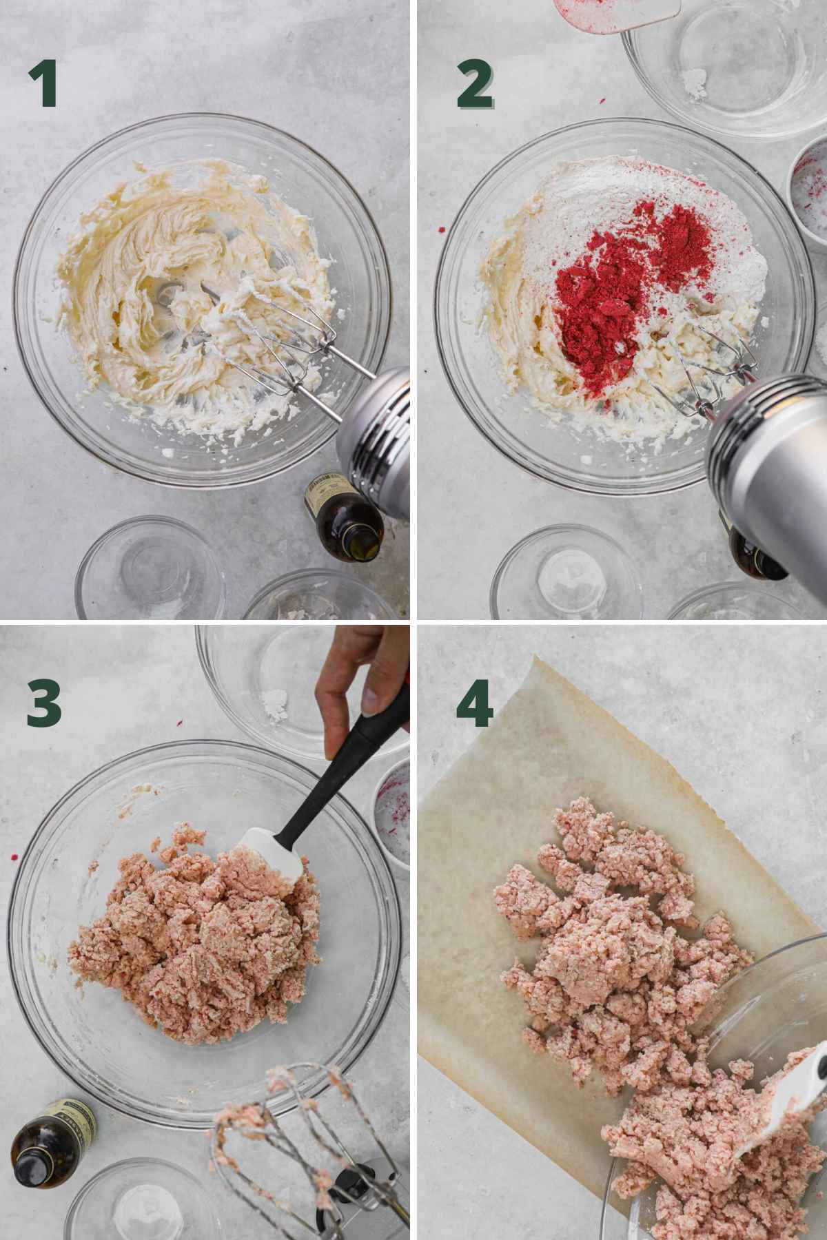 Steps to make strawberry lemonade shortbread cookies, including creaming butter and sugar, adding flour and strawberry powder, and forming into a dough.