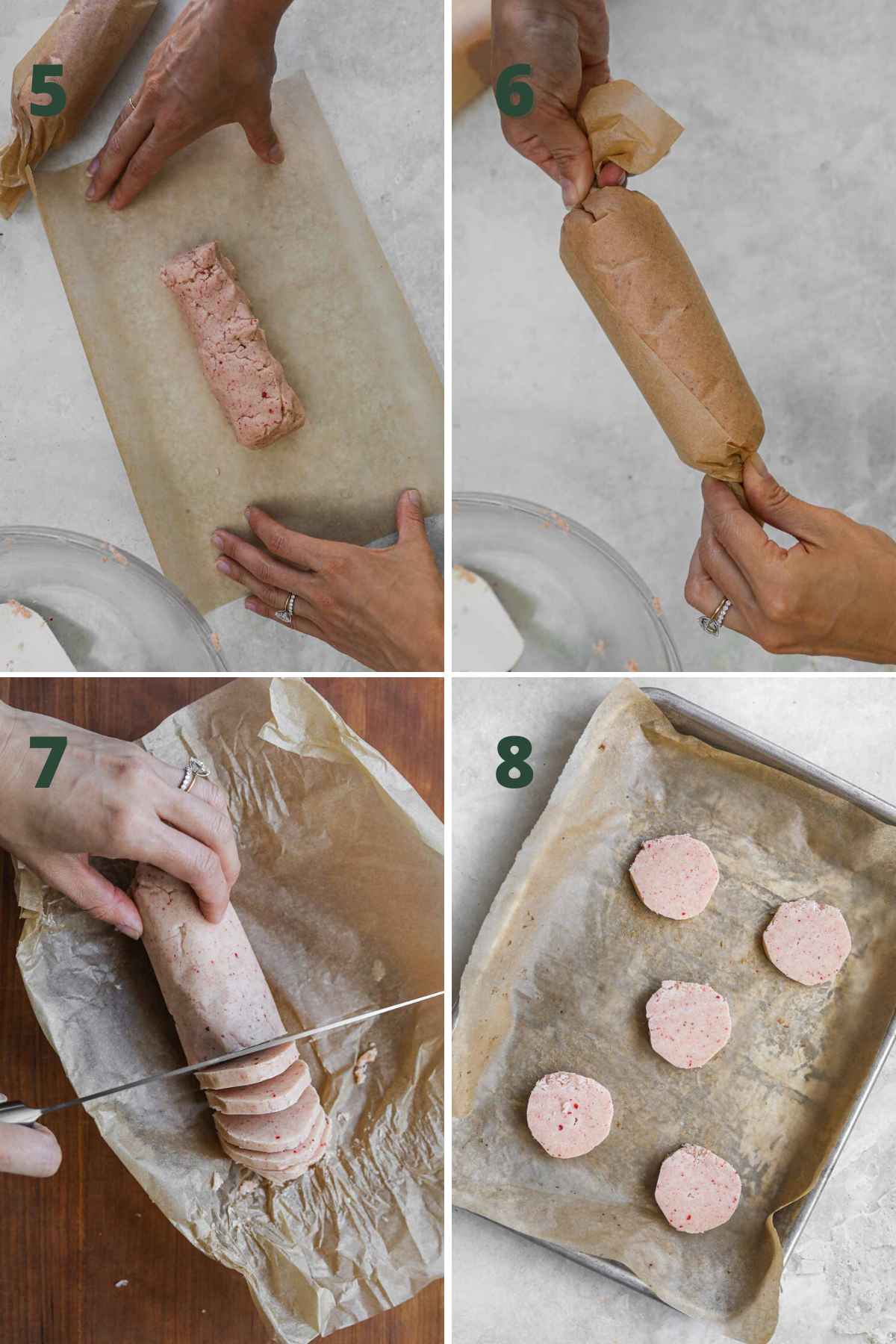 Steps to make strawberry lemonade shortbread cookies, including forming dough into logs in parchment paper, chilling, slicing, and baking.