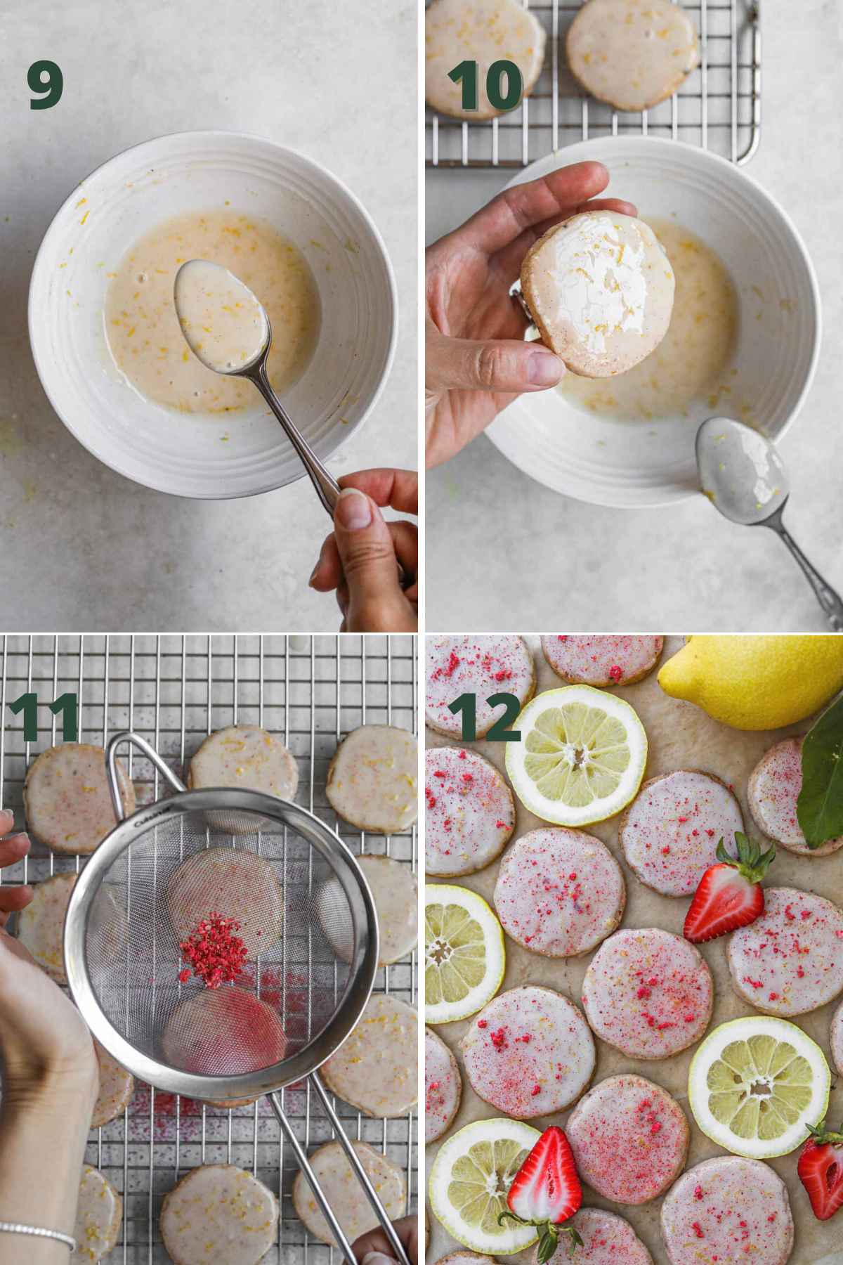 Steps to make strawberry lemonade shortbread cookies, including making the lemonade glaze, dipping cookies in glaze, and dusting with strawberry powder.