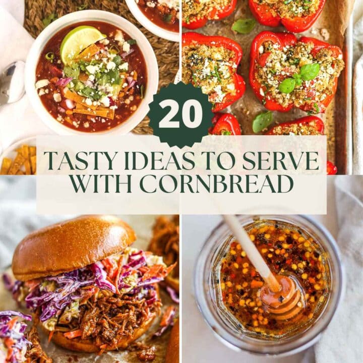 What goes with cornbread, including turkey chili, quinoa-stuffed bell peppers, BBQ slow cooker BBQ chicken, hot honey, and more.