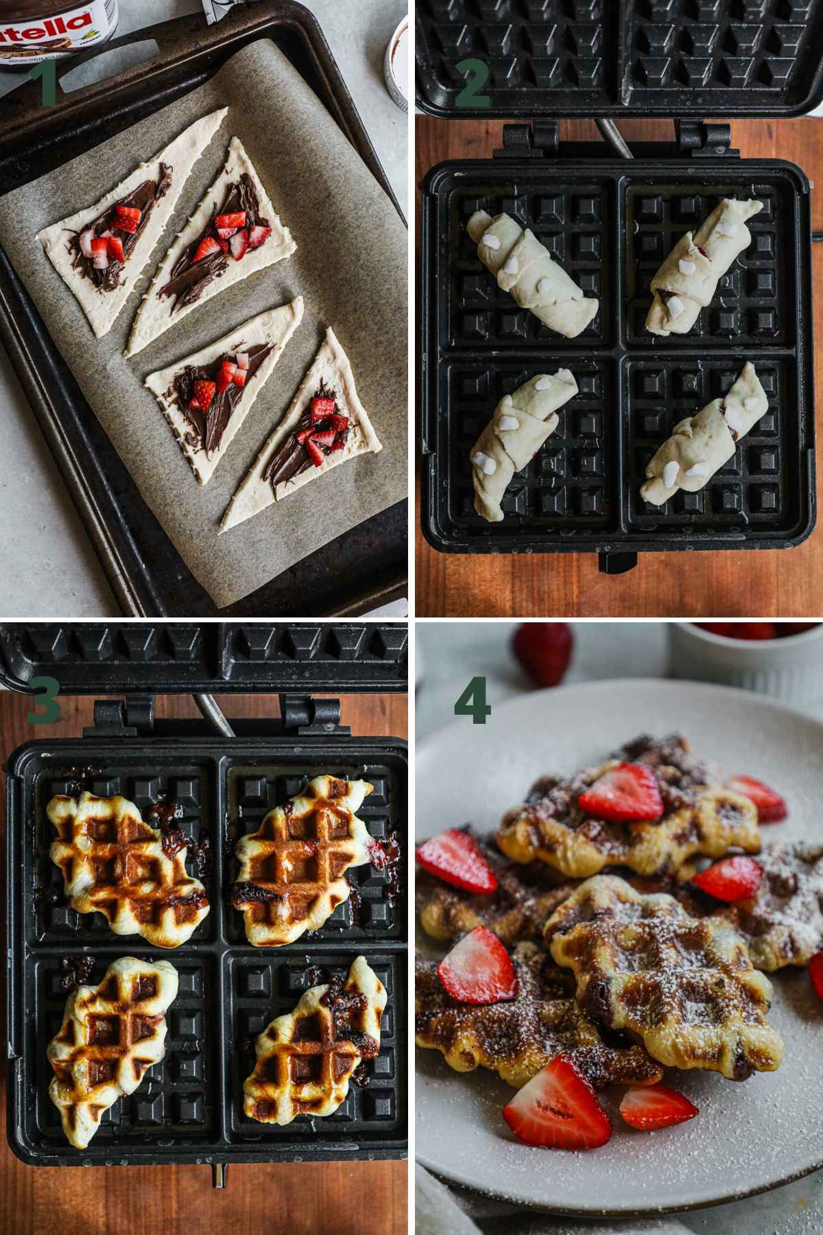 Steps to make croffles (croissant waffles), unroll crescent rolls or puff pastry, layer fillings, roll, cook in waffles iron, and serve.
