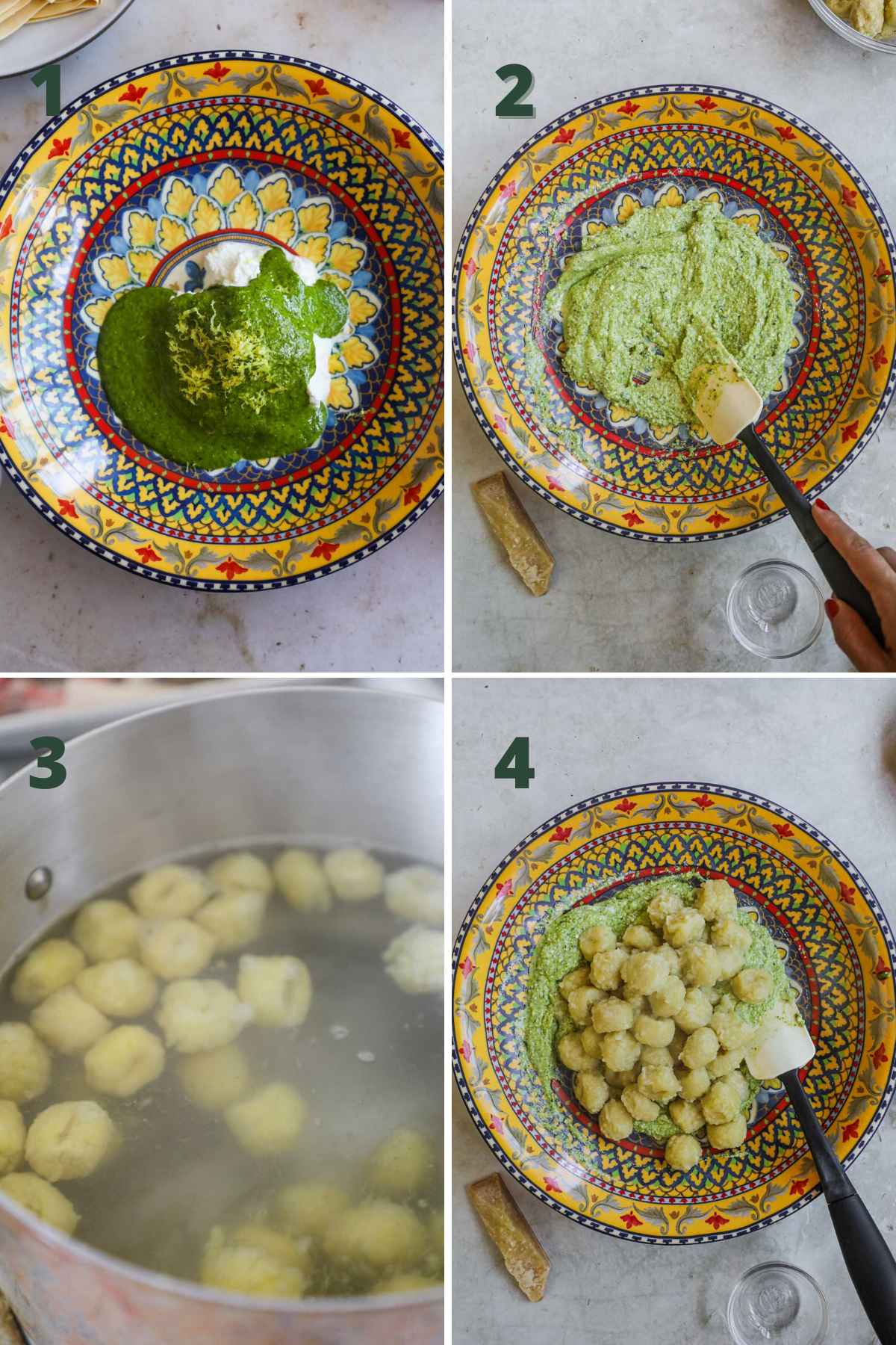 Steps to make gnocchi al pesto (creamy pesto gnocchi), mixing ricotta, pesto, lemon juice, and zest, boiling gnocchi, and mixing gnocchi in pesto sauce.
