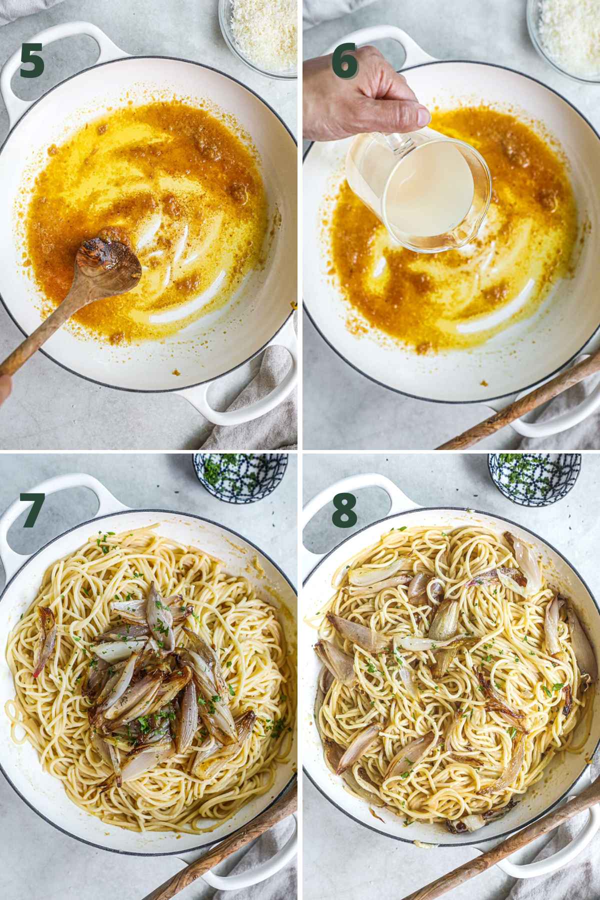 Step to make miso pasta with caramelized shallots, including making the miso butter sauce with pasta water, adding parmigiano-reggiano, and tossing with shallots and parsley.