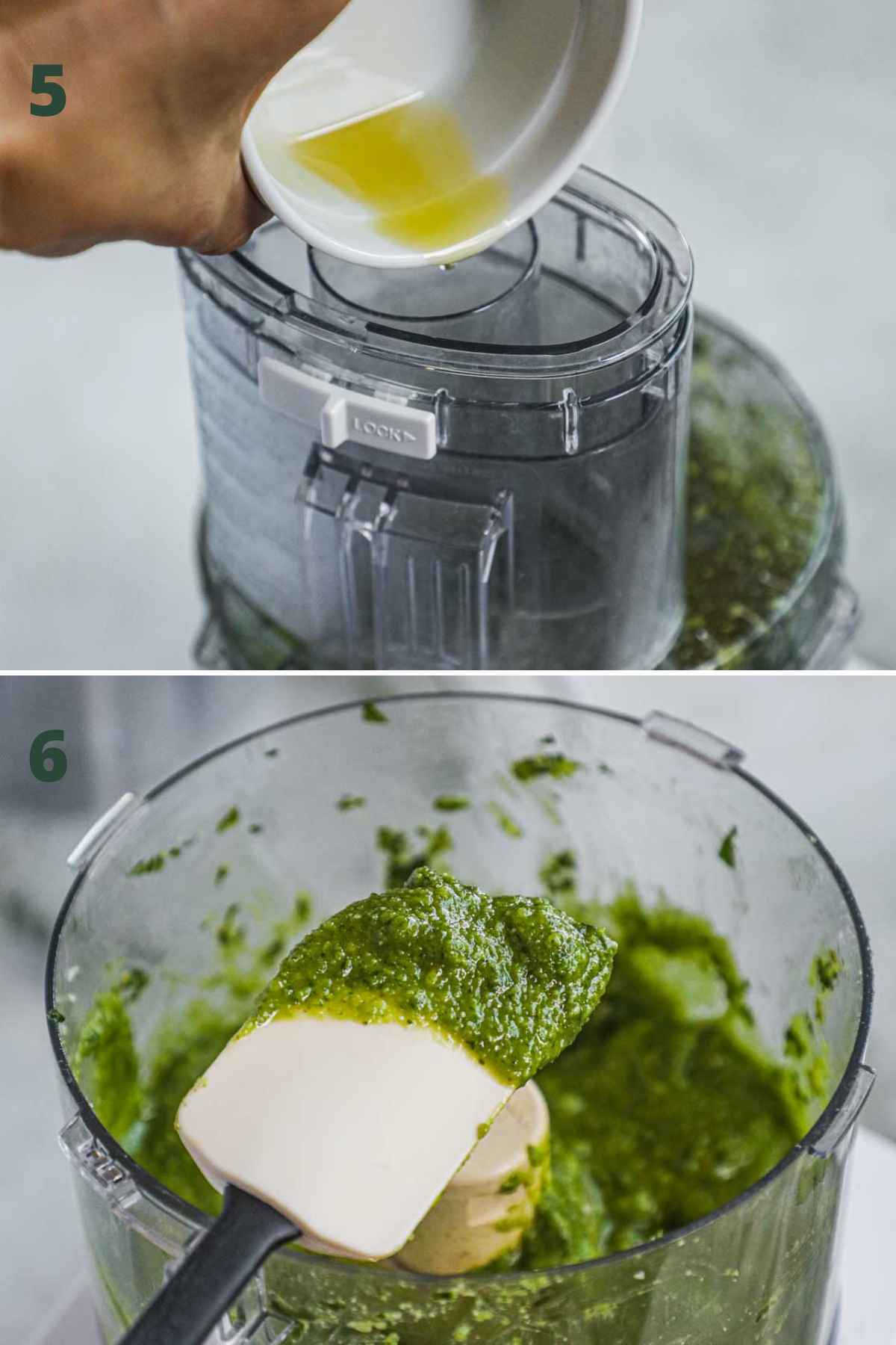 Step to make pesto alla genovese (classic basil pesto), streaming olive oil into food processor with the basil, pine nut, garlic, and cheese mixture.