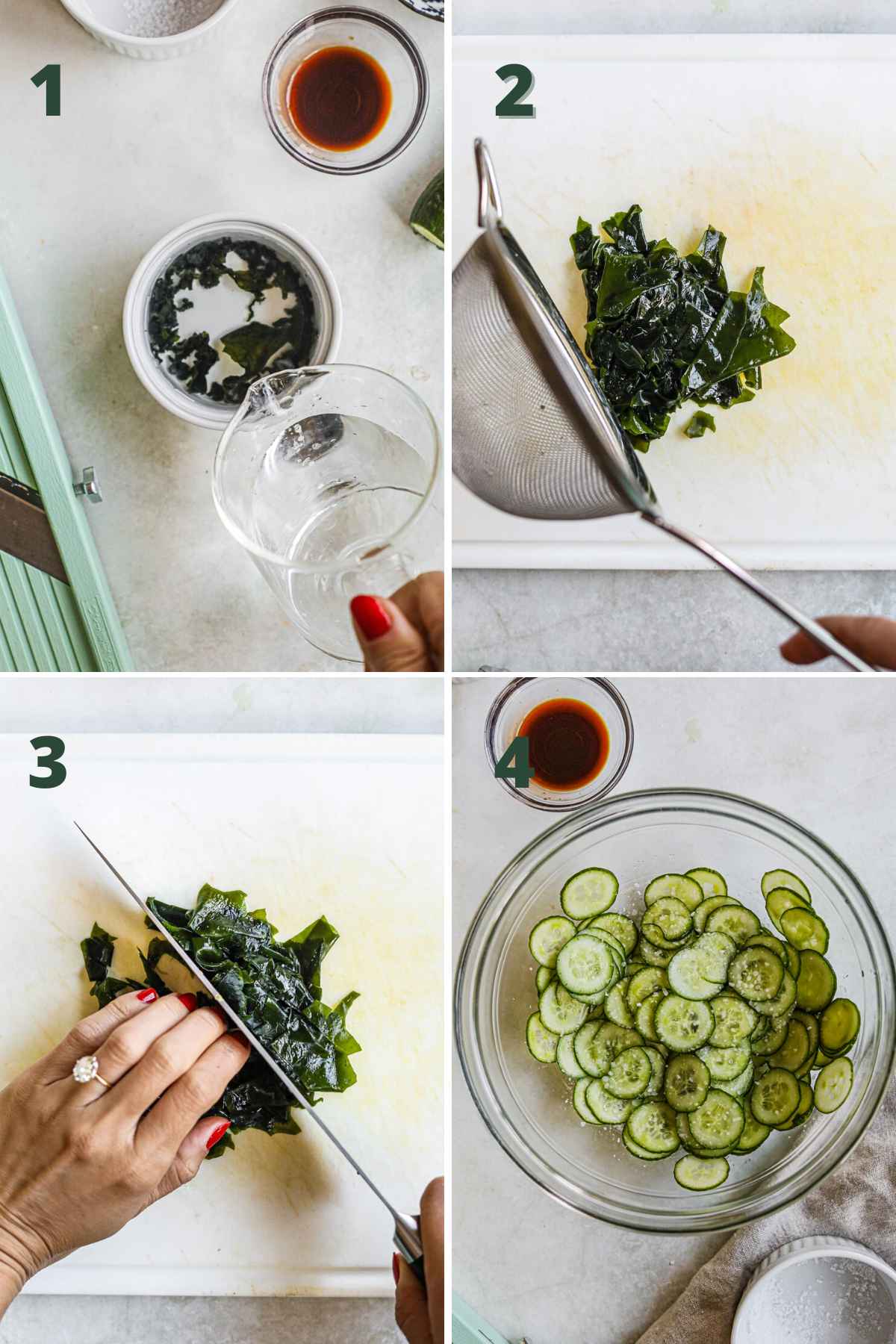 Step to make sunomono (Japanese cucumber salad), soaking wakame, cutting wakame into bite sized pieces, and salting cucumber slices.