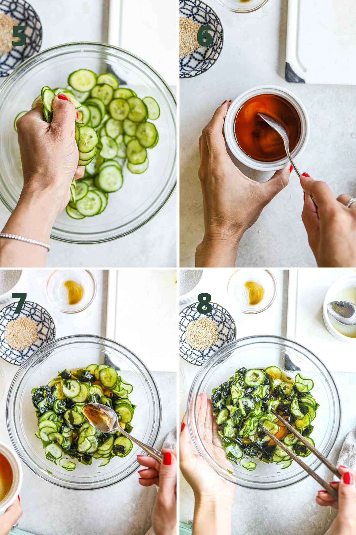 Step to make sunomono (Japanese cucumber salad), squeezing water out of cucumber, mixing vinegar sauce, pouring sauce over cucumber, and mixing with sesame seeds.