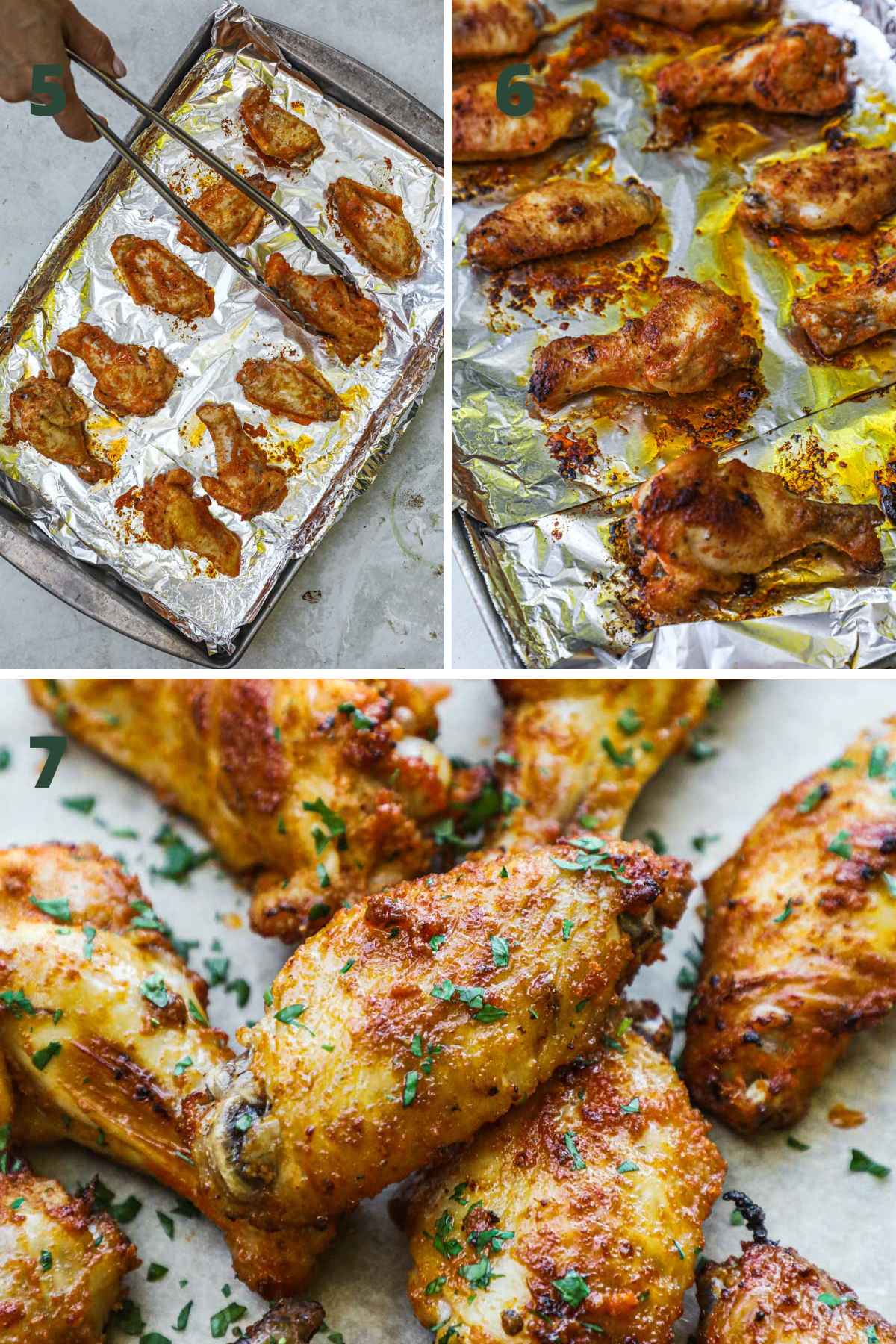 Steps to make crispy oven-baked chicken wings, turning over wings mid-bake or broil, taking out of the oven, and topping with chopped parsley.