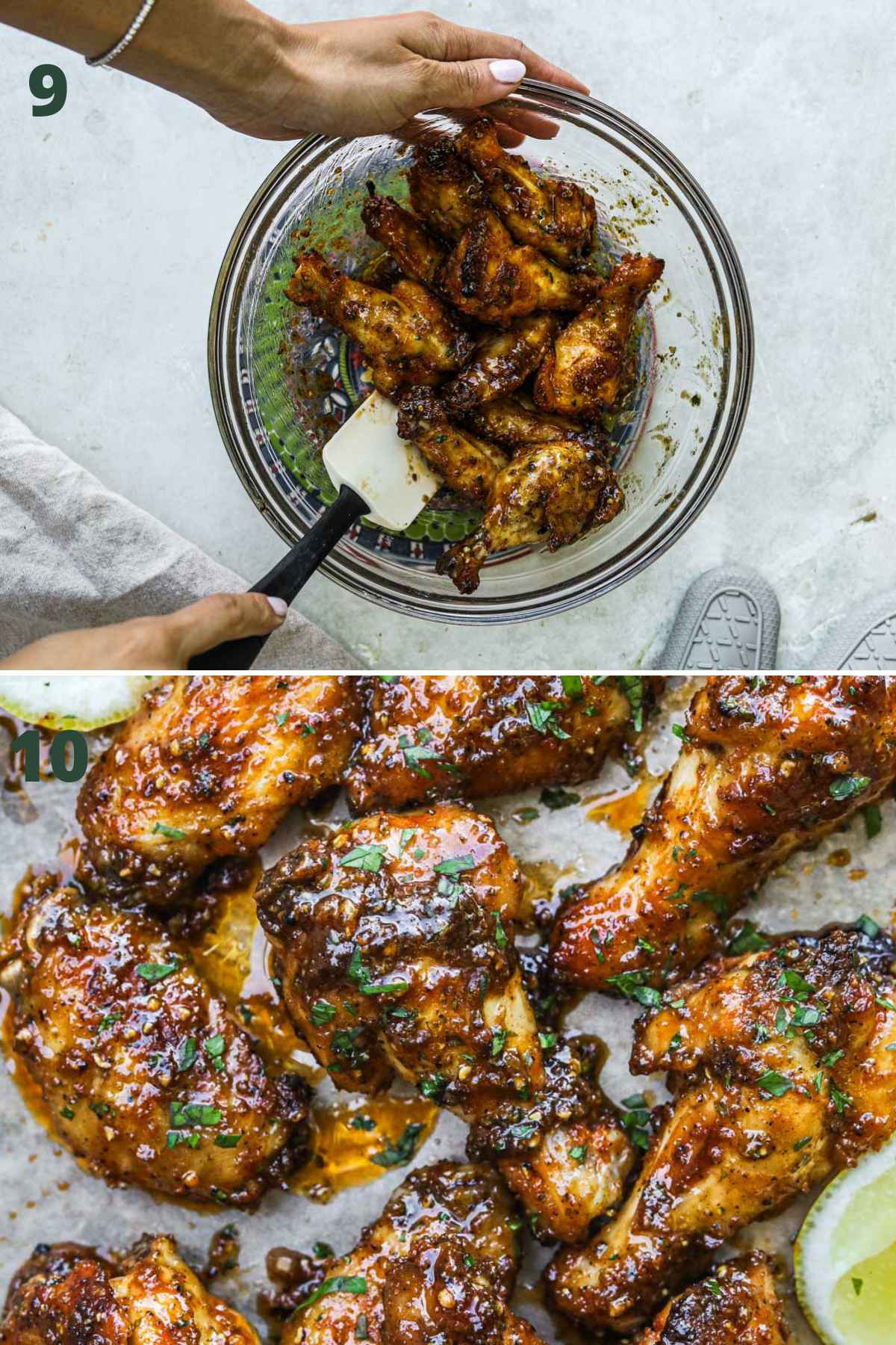 Steps to make honey lemon pepper chicken wings, including tossing the wings in the sauce and serving with parsley.