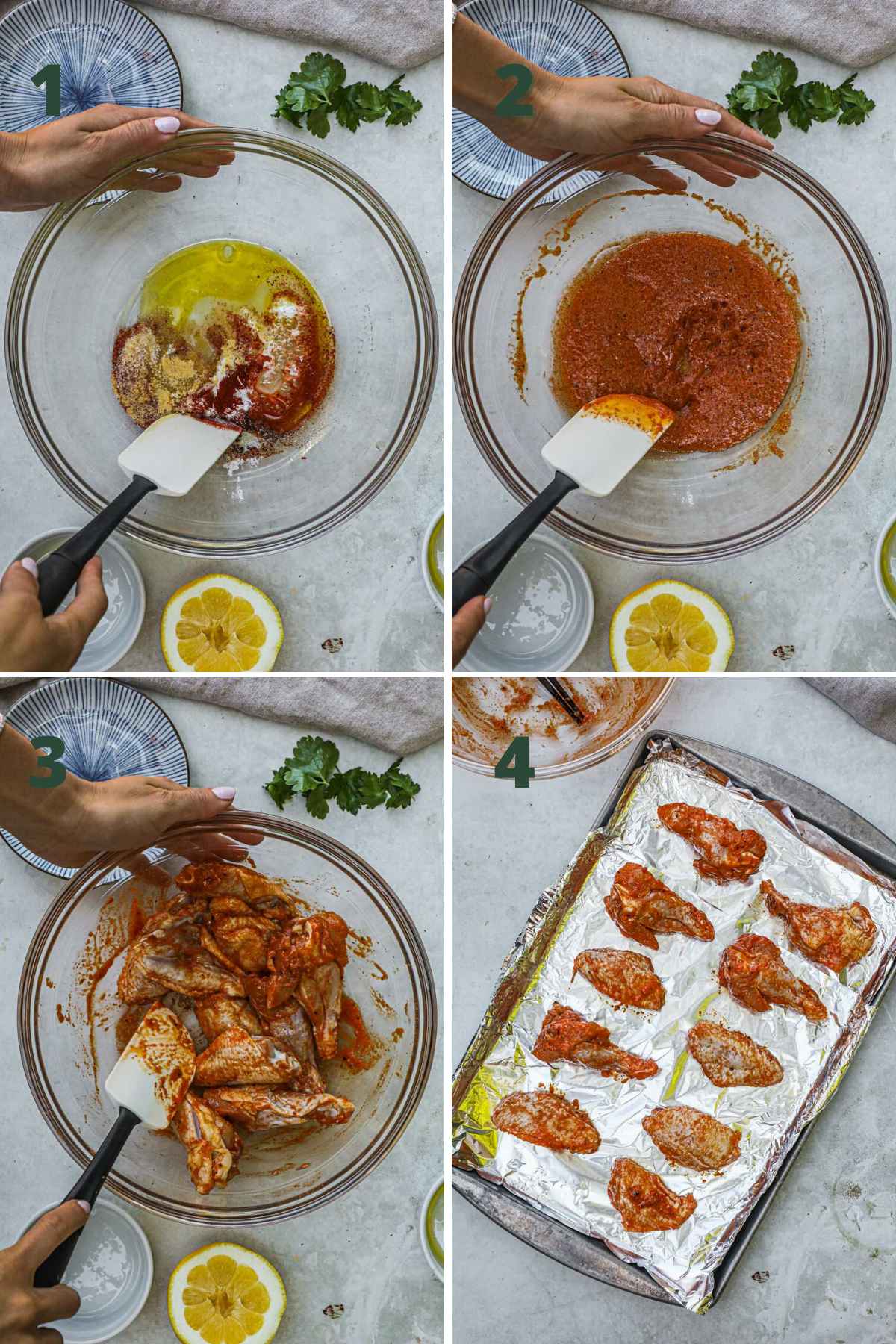 Steps to make honey lemon pepper chicken wings, mixing olive oil, lemon juice. baking powder, salt, pepper, garlic powder, and smoked paprika, tossing wings, and arranging the wings on a sheet pan.