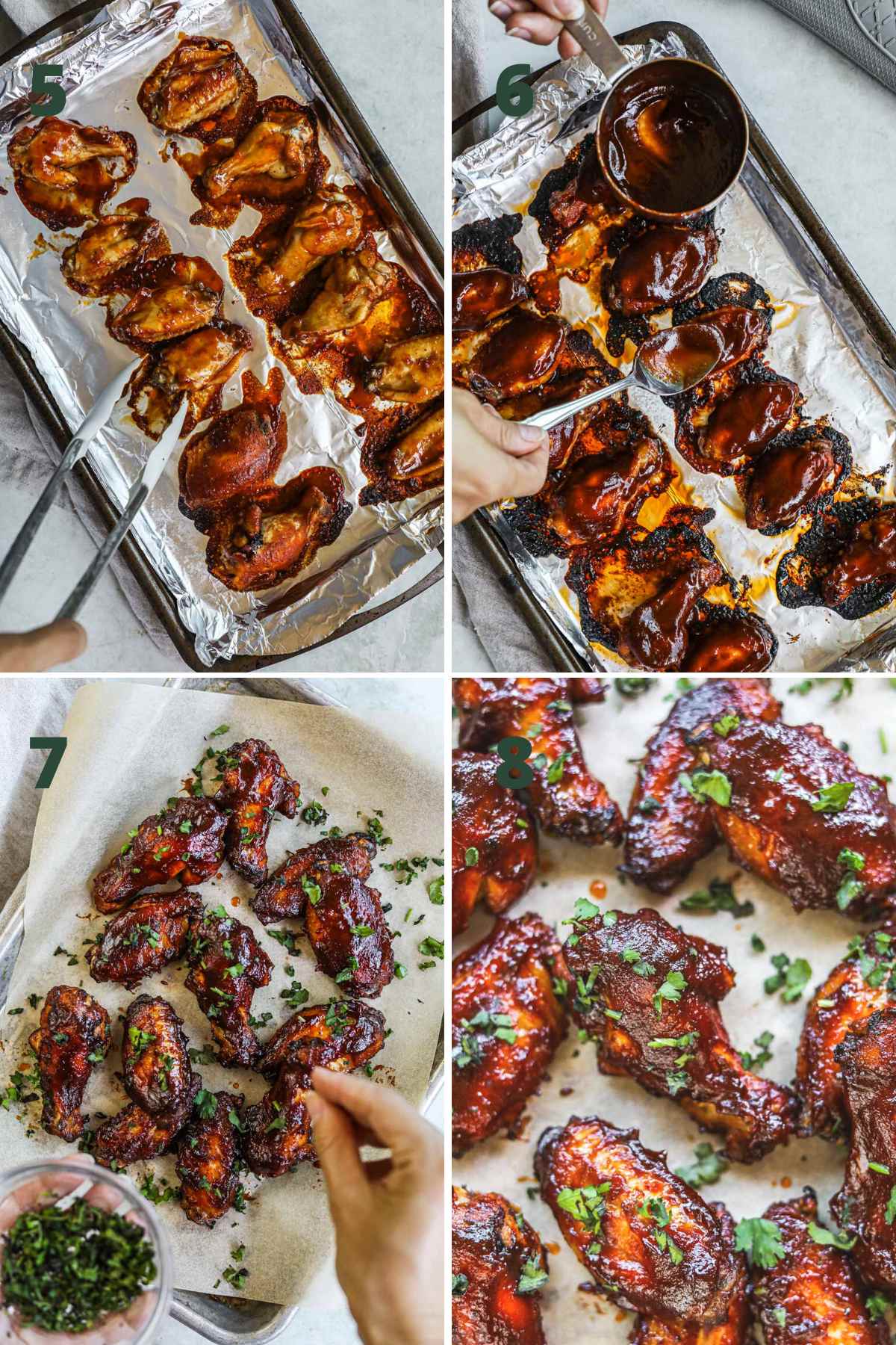 Steps to make honey bbq chicken wings, baking wings, flipping over, basting with bbq sauce, and topping with chopped cilantro.