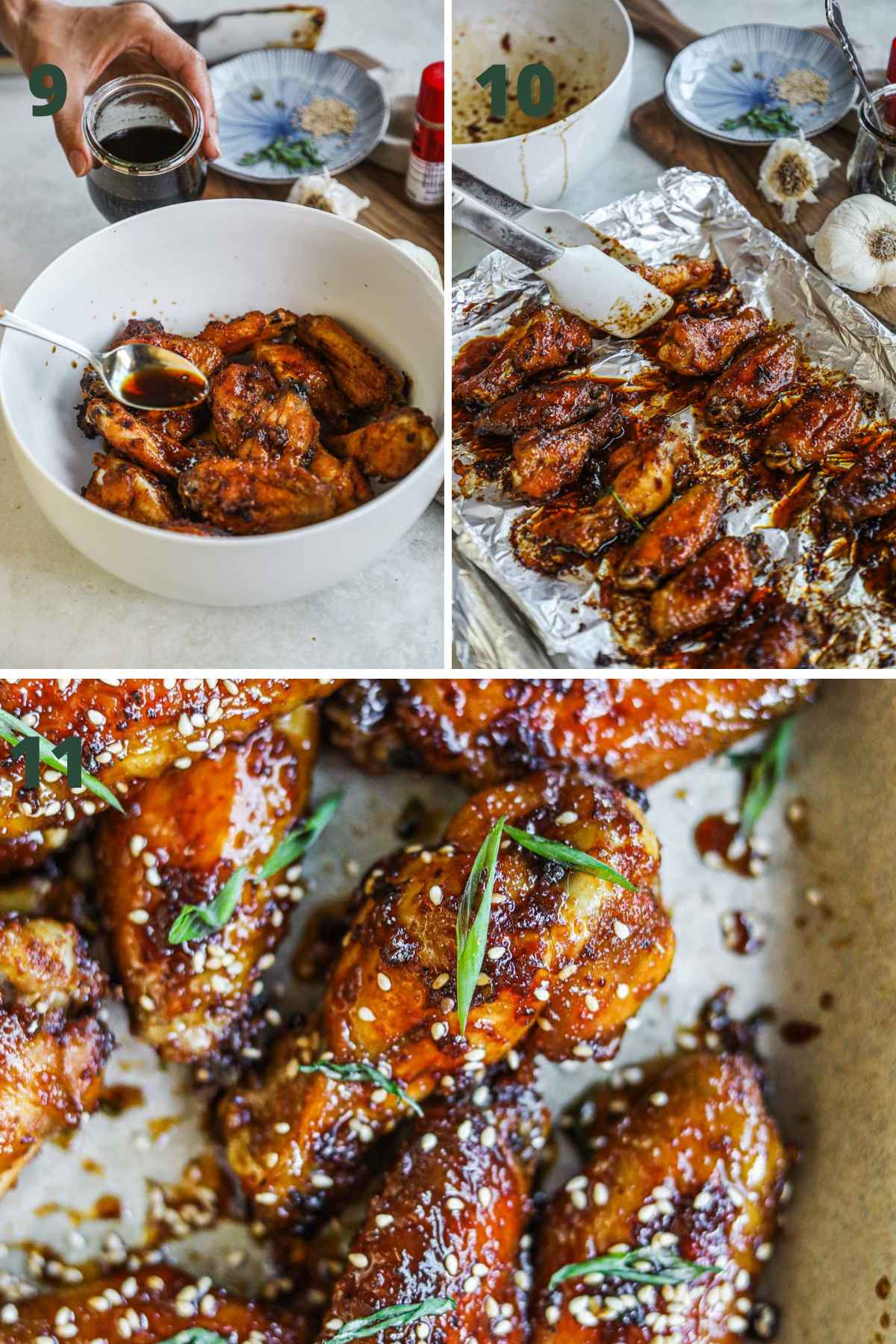 Steps to make honey soy garlic chicken wings, tossing wings in honey soy garlic sauce, baking to caramelize, and serving with green onions and sesame seeds.