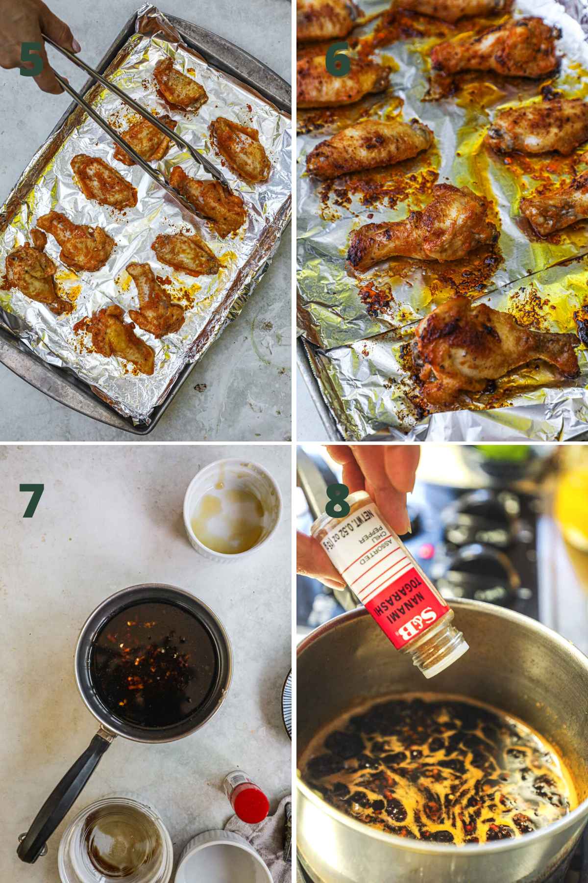 Steps to make honey soy garlic chicken wings, turning over wings and baking, making the honey soy garlic sauce with togarashi.