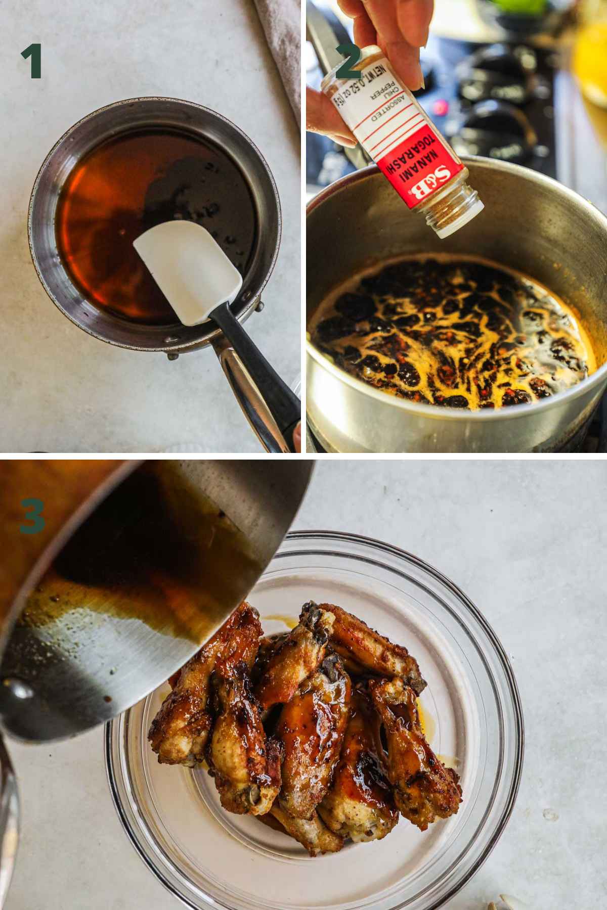 Steps to make honey soy garlic sauce, including mixing and cooking mirin, honey, soy sauce, water, and garlic, then stirring in togarashi or chili flake, and using as a glaze or marinade.