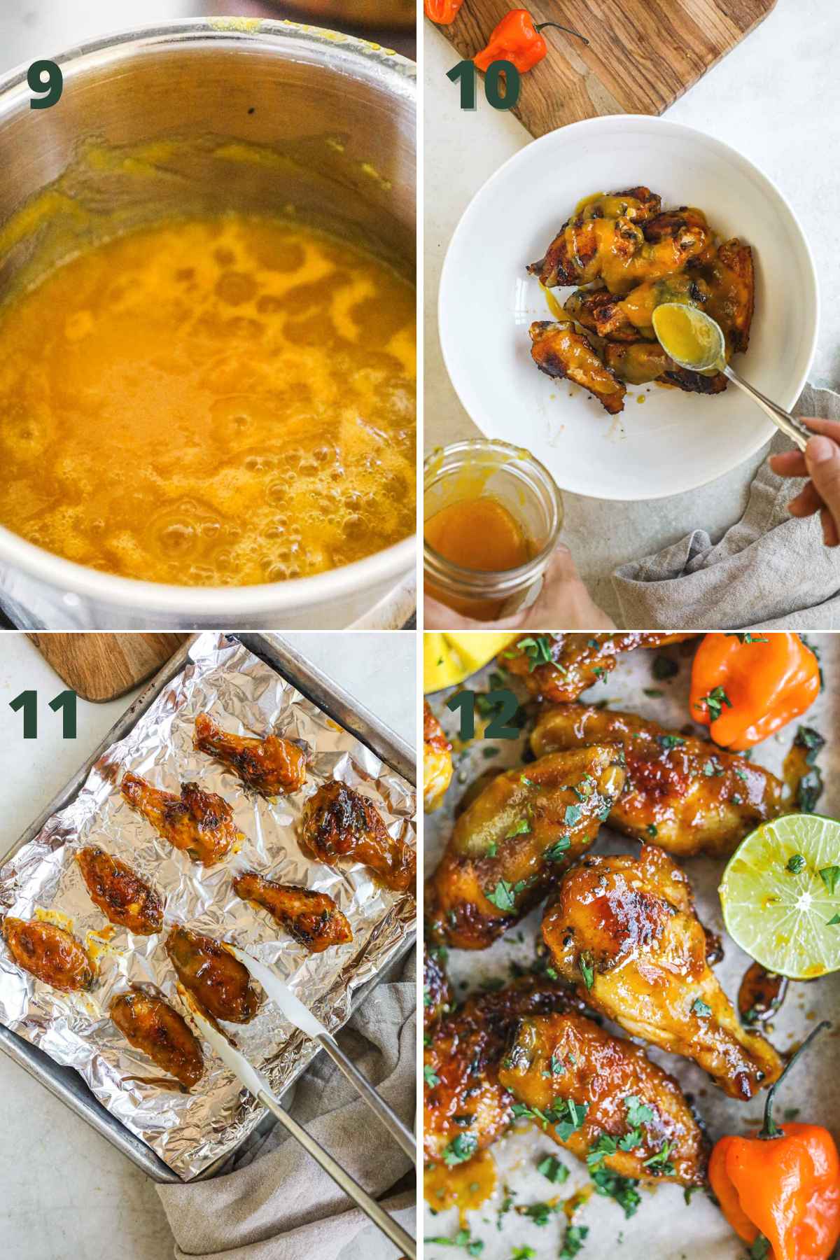 Steps to make mango habanero chicken wings, cooking mango habanero sauce, tossing wings, and baking again.