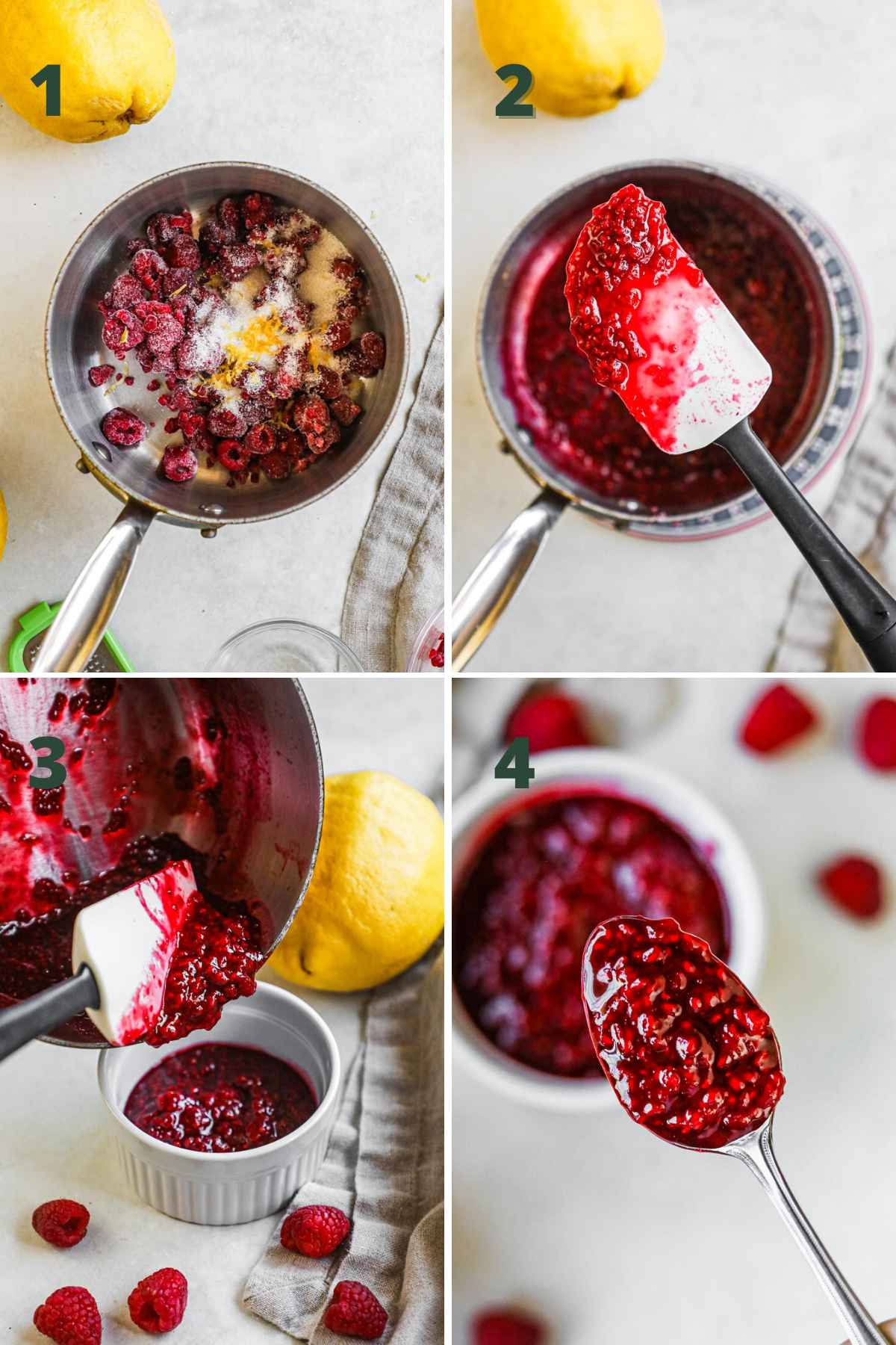 How to make 3-ingredient raspberry compote, including cooking and stirring raspberries, lemon zest and juice, and sugar until syrupy, then serving.