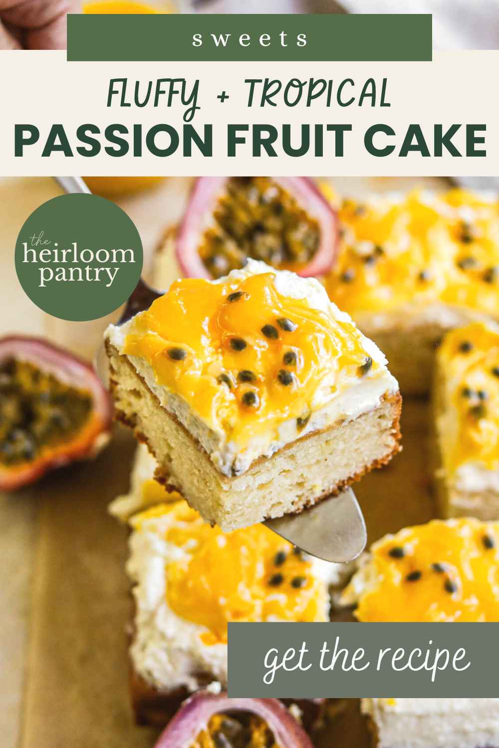 Passion fruit cake with lilikoi butter ans mascarpone frosting Pinterest pin.