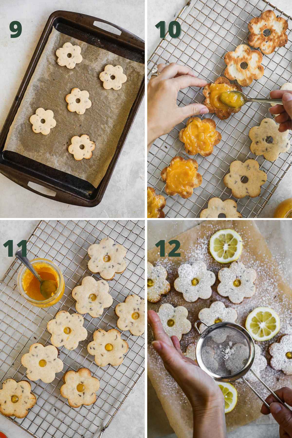 Steps to make lavender lemon curd cookies, bake cookies; add a dollop of curd on cookies and making sandwiches; dusting powdered sugar on top.