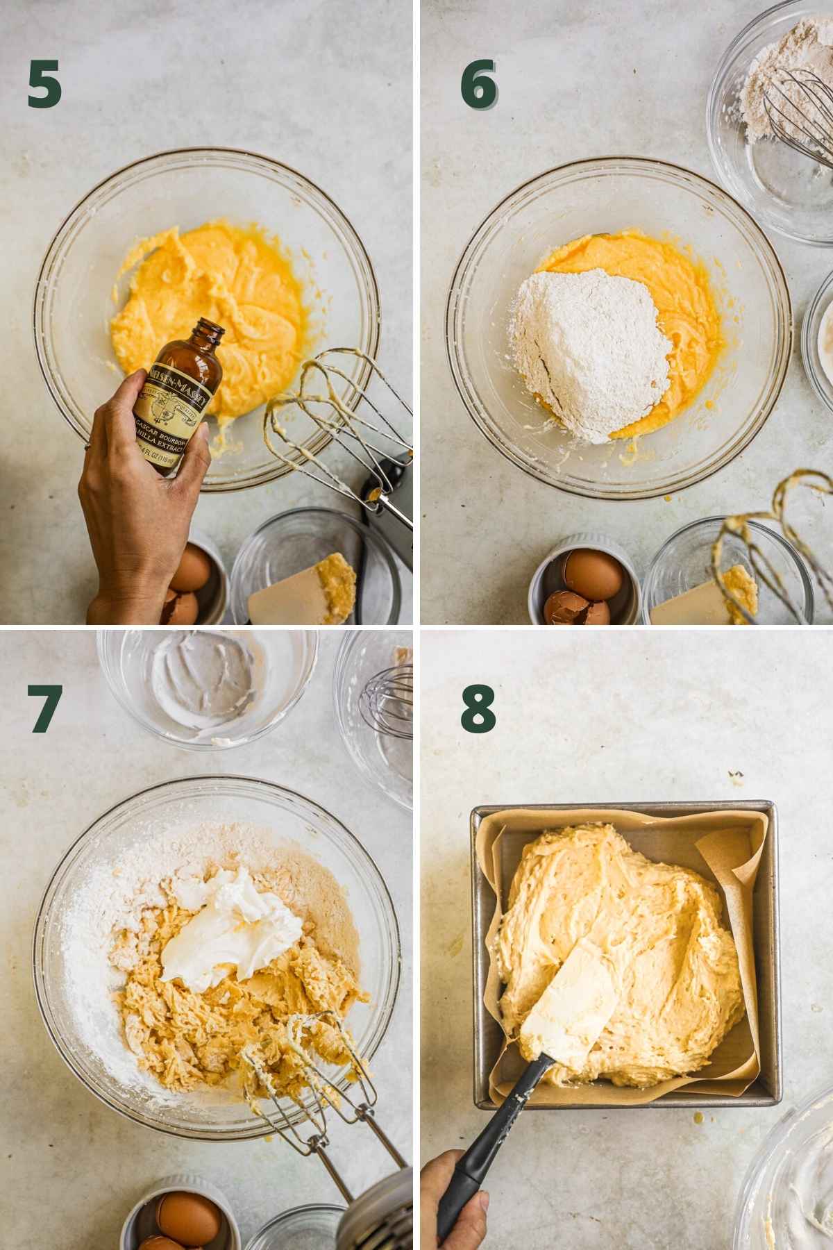 Steps to make passion fruit cake, add vanilla, flour, and sour cream; spread in a parchment paper-lined baking tray.