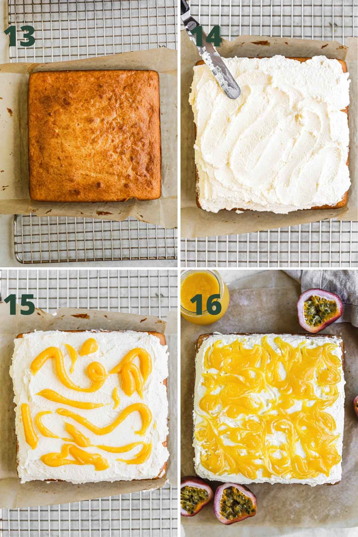 Steps to make passion fruit cake, let cake cool; top with frosting; swirl passion fruit curd on top.