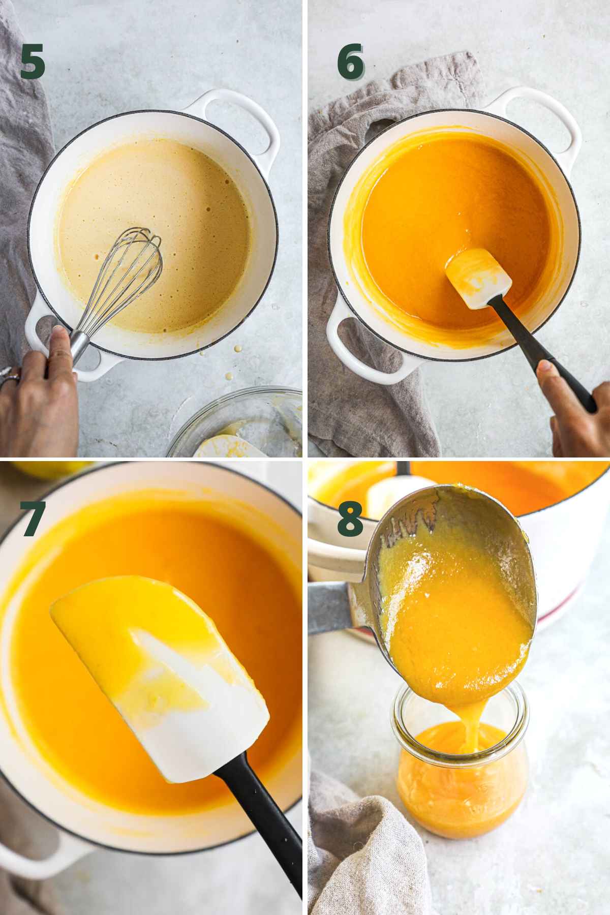 Steps to make passion fruit curd (lilikoi butter), adding remaining egg mixture, whisking curd, testing doneness, and pouring into a jar.