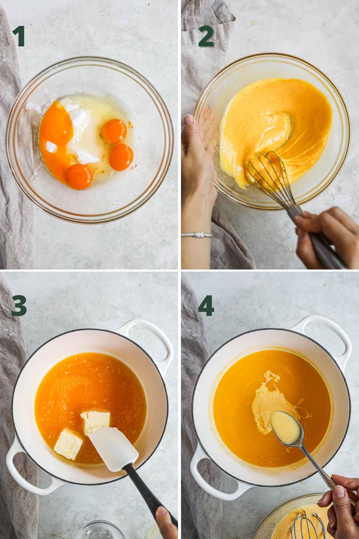 Steps to make passion fruit curd, whisking eggs, sugar, warming butter and passion fruit puree, adding some of the egg mixture to temper.