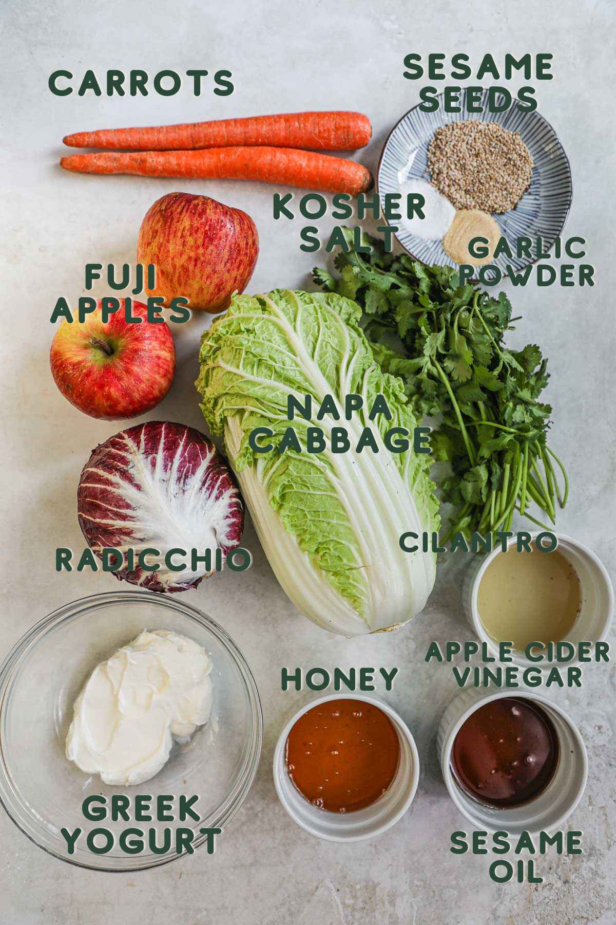 Ingredients to make asian coleslaw, napa cabbage, radicchio, apples, greek yogurt, honey, acv, sesame oil, carrots, cilantro, sesame seeds, garlic powder, kosher salt.