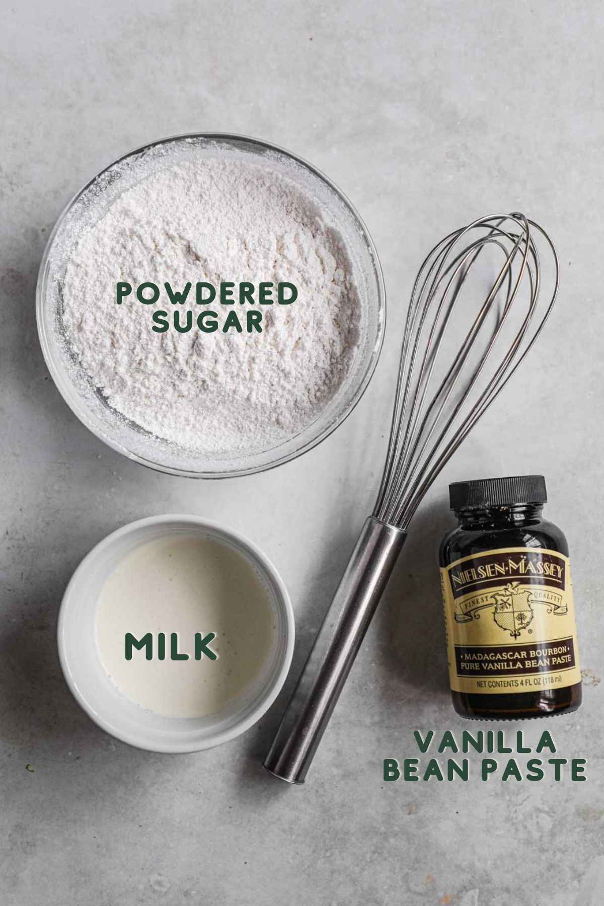 Ingredients to make easy vanilla icing, powdered sugar, vanilla bean paste, milk, salt.