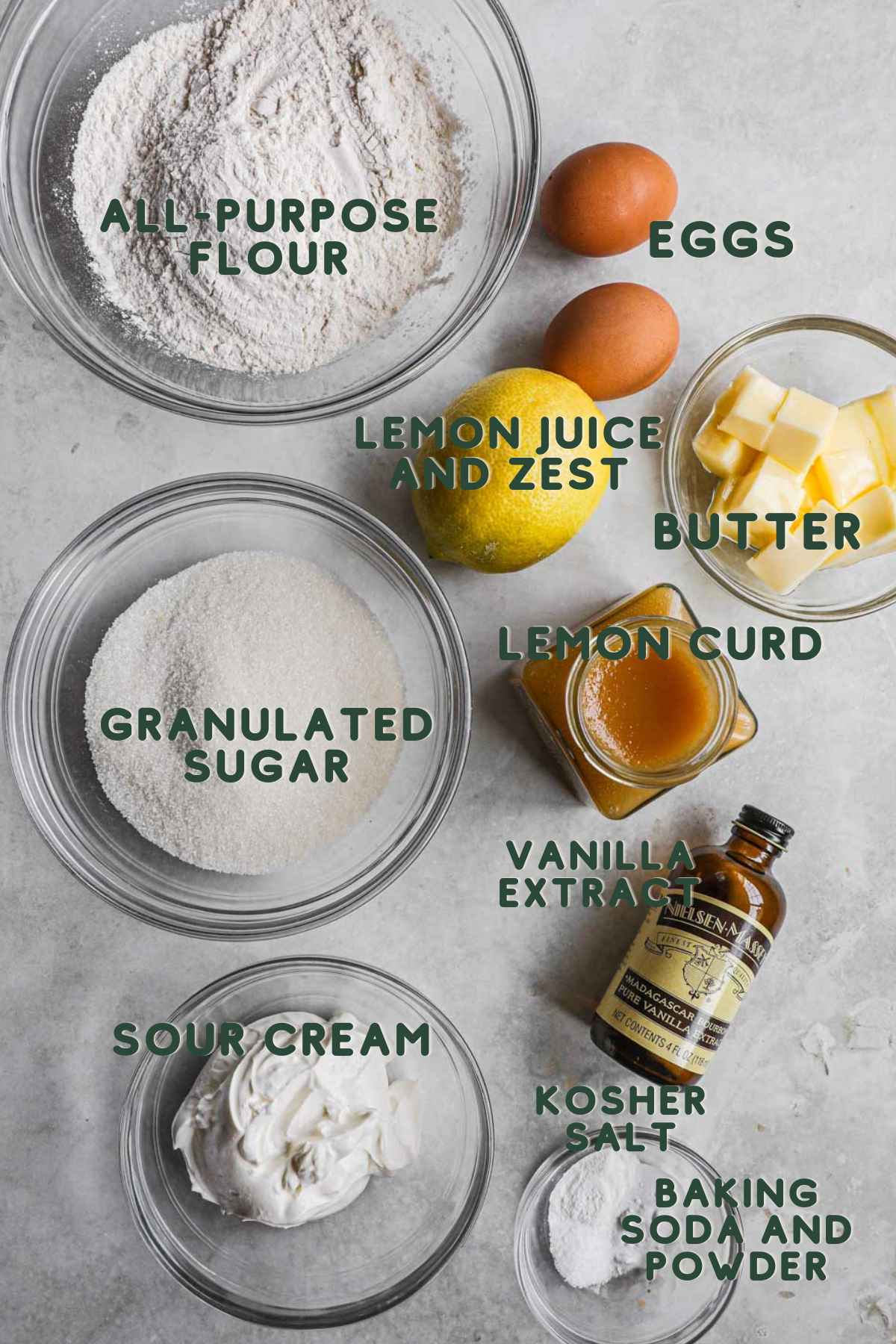 Ingredients to make lemon curd coffee cake, flour, sugar, eggs, lemon juice and zest, butter, lemon curd, vanilla extract, sour cream, baking soda and powder.