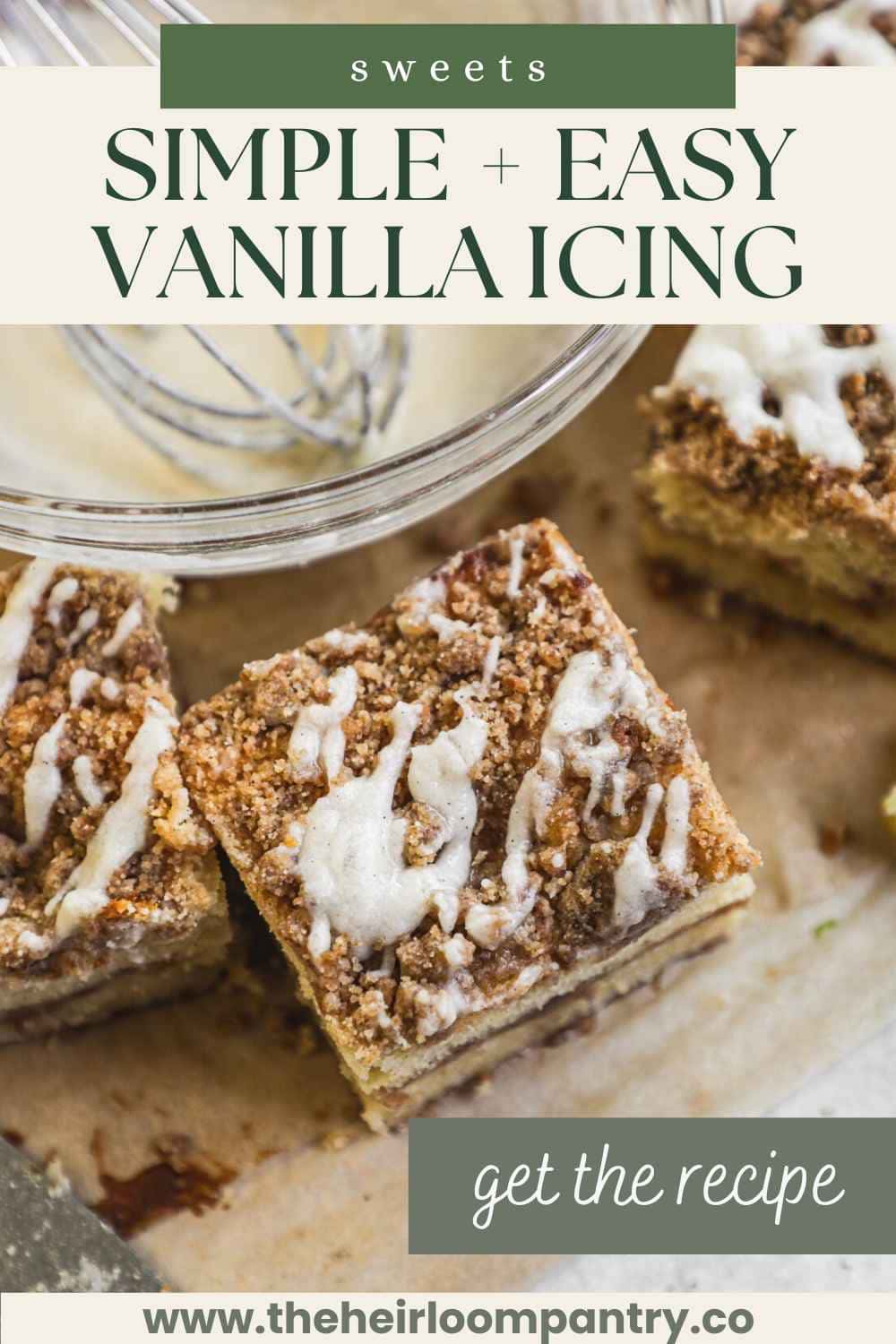 Simple and easy vanilla icing for cakes, scones, cinnamon rolls, and more Pinterest pin.