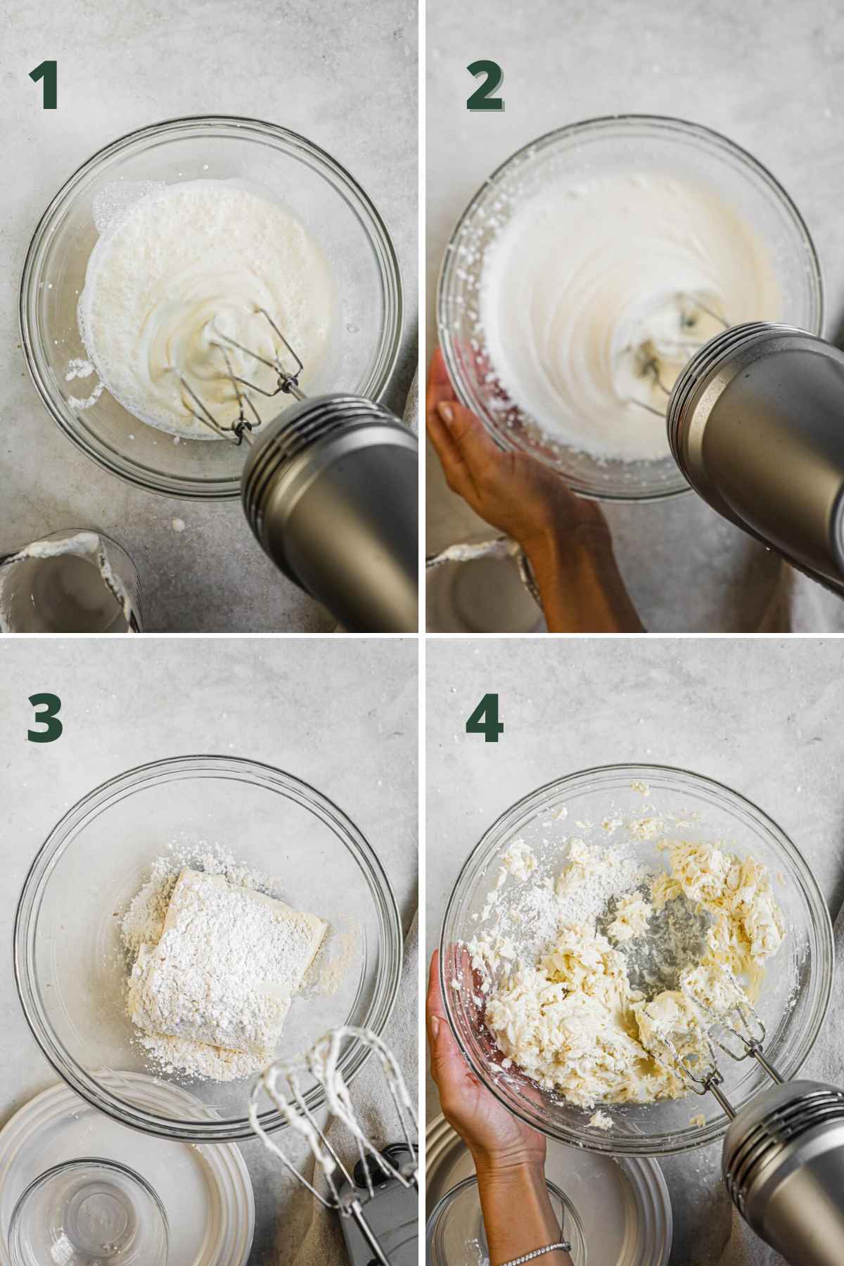 Steps to make 3-ingredient no bake cheesecake, whisk heavy whipping cream and set aside, whisk cream cheese and powdered sugar until fluffy.