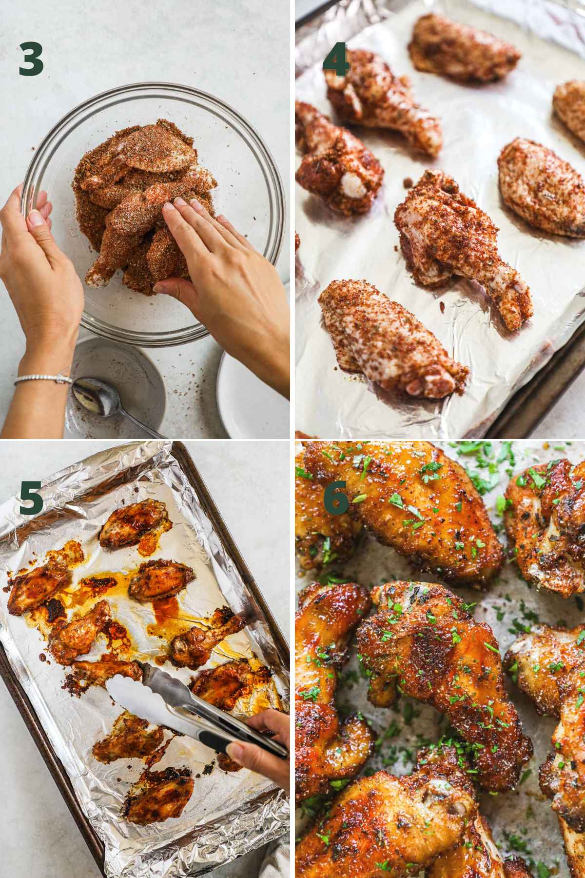 Steps to make baked dry rub chicken wings, rub wings with brown sugar dry rub, bake at 400°F, and serve with finely chopped Italian parsley.
