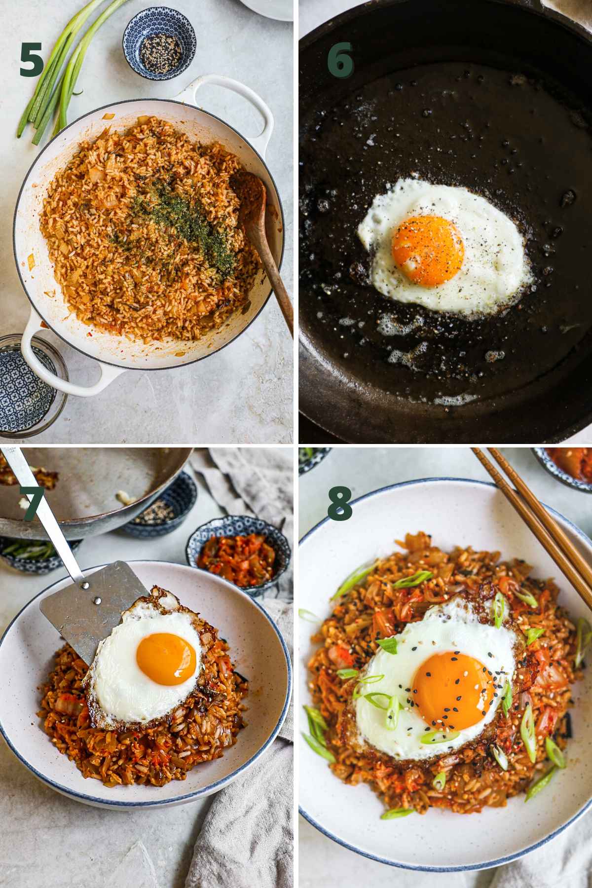 Steps to make easy kimchi fried rice, stir rice and furikake and let cook; fry egg in a skillet, top rice with egg, sesame seeds, green onions.