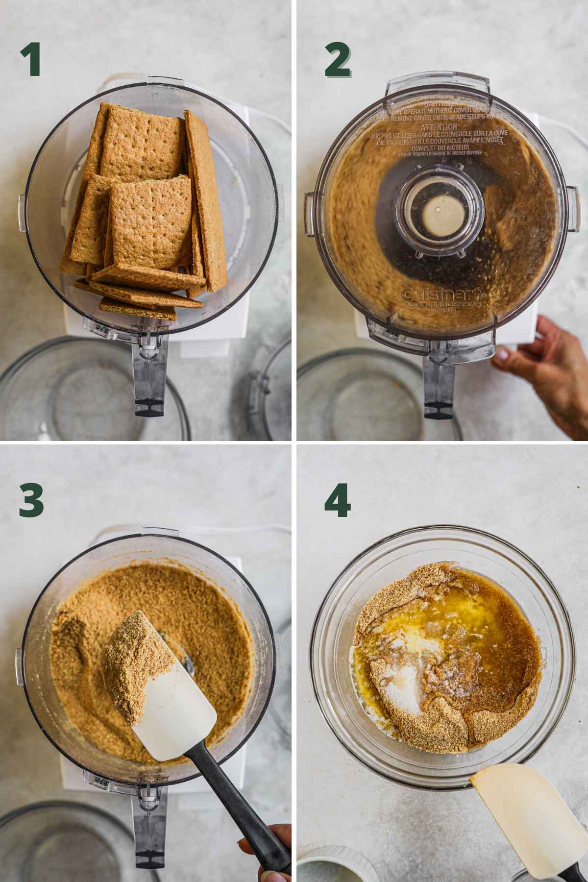 Steps to make graham cracker crust, pulsing the graham crackers into a sandy texture in a food processor, adding to a bowl with sugar and melted butter.