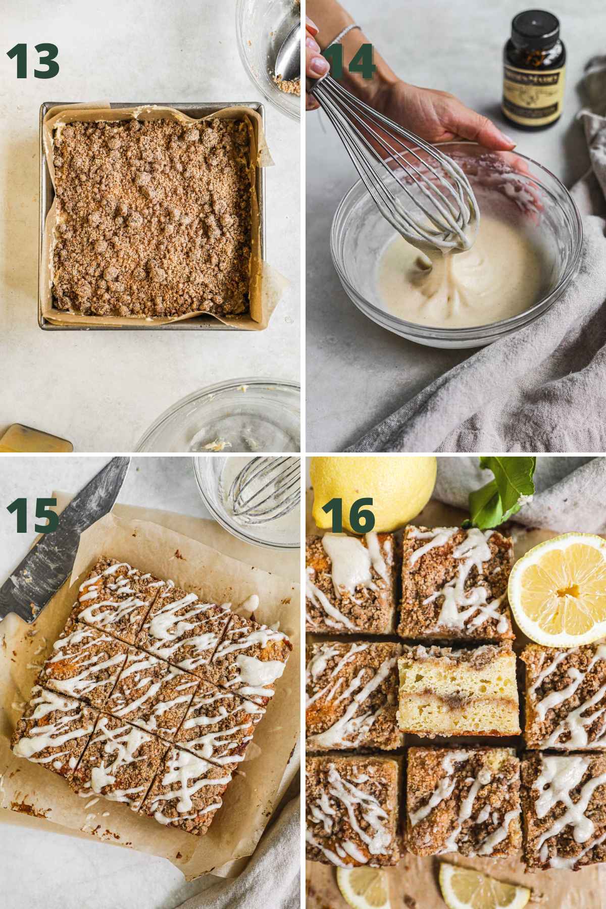 Steps to make lemon curd coffee cake, sprinkle rest of streusel and bake, whisk vanilla bean glaze, remove cake from oven, drizzle glaze, slice, and serve.