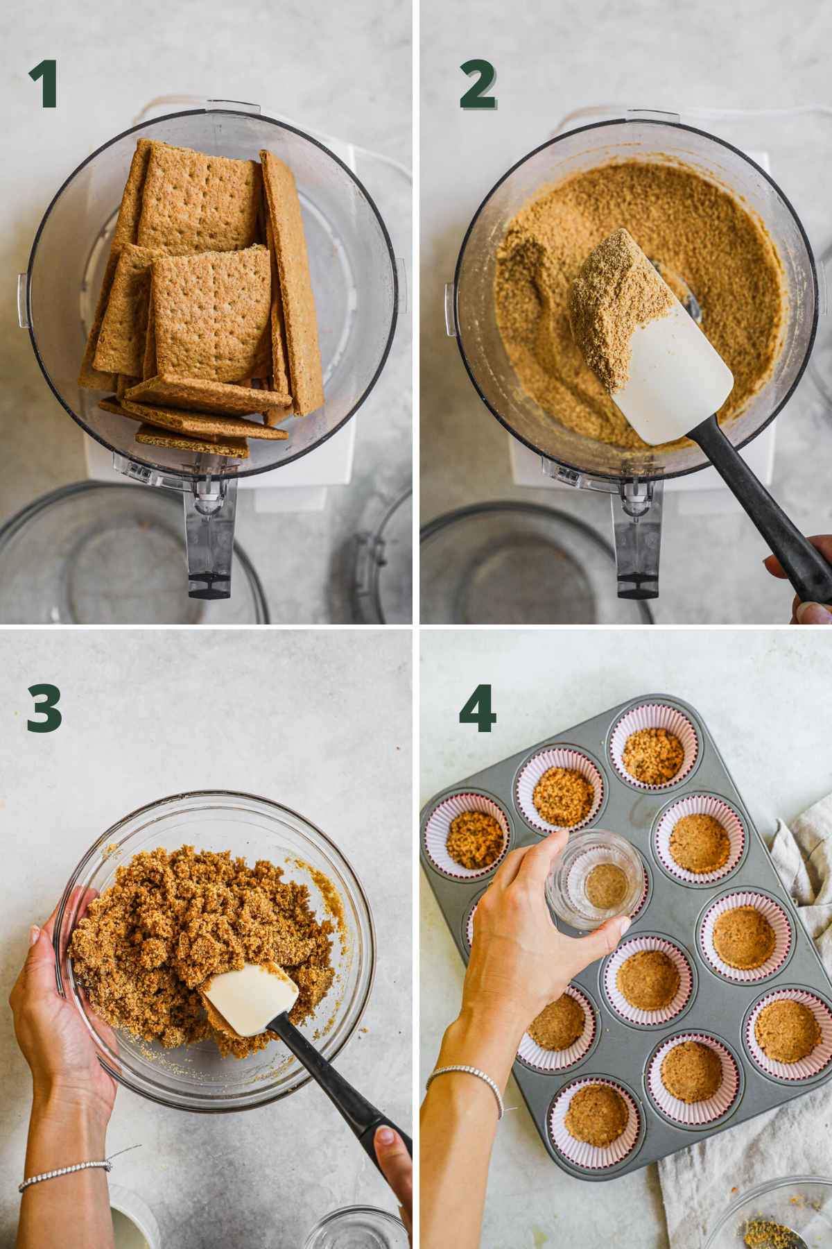 Steps to make no bake mini cheesecakes, make graham cracker crumbs in food processor, mix crumbs with butter and sugar, then press into cupcake liners.