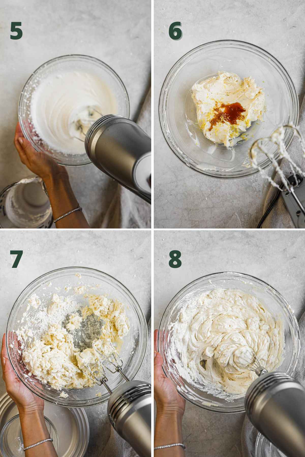 Steps to make no bake mini cheesecakes, whisk heavy whipping cream,; whisk cream cheese, vanilla, lemon zest, and powdered sugar; fold together.