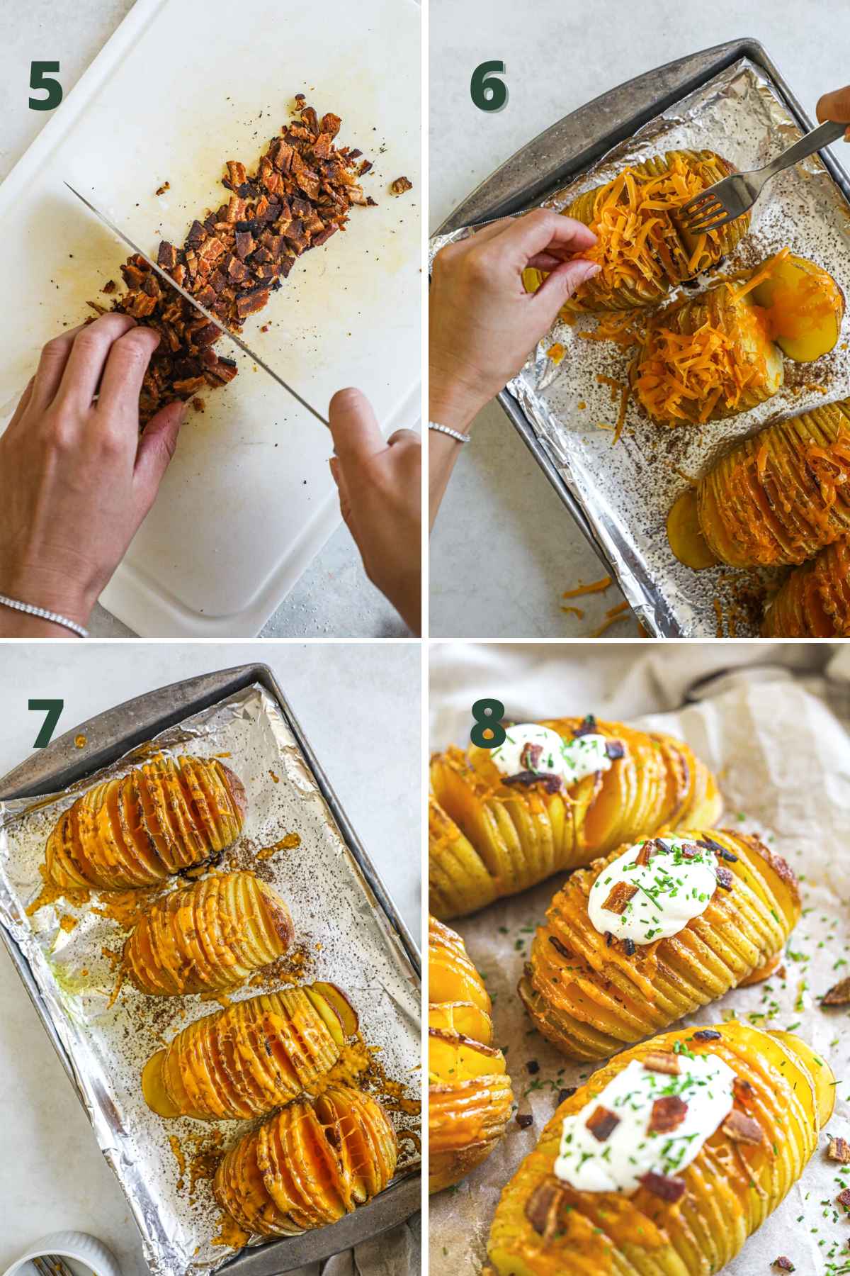 Steps to make bacon cheddar hasselback potatoes; chop bacon; add cheese in the folds of the potatoes and bake; top with sour cream, chives, bacon.