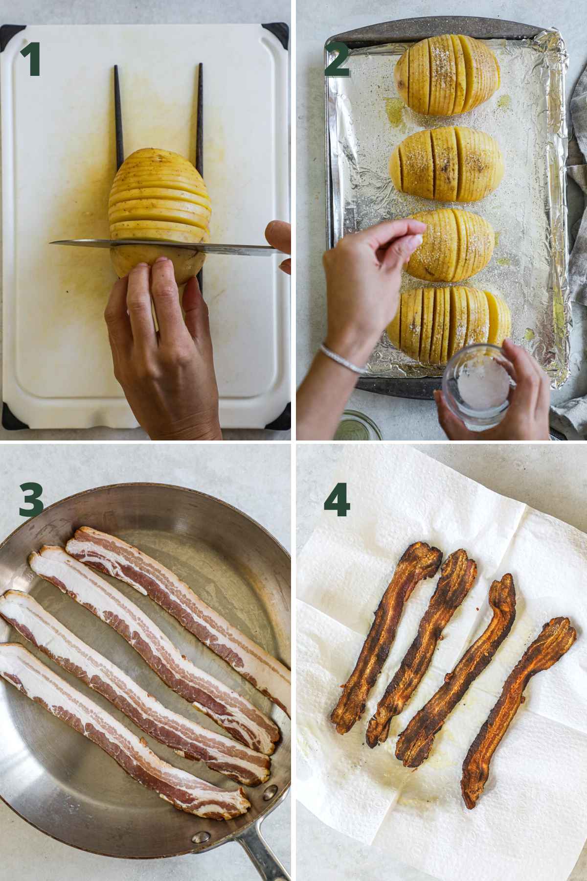 Steps to make bacon cheddar hasselback potatoes; slice, season, and bake potatoes; make bacon in a pan for topping and transfer to paper towel.