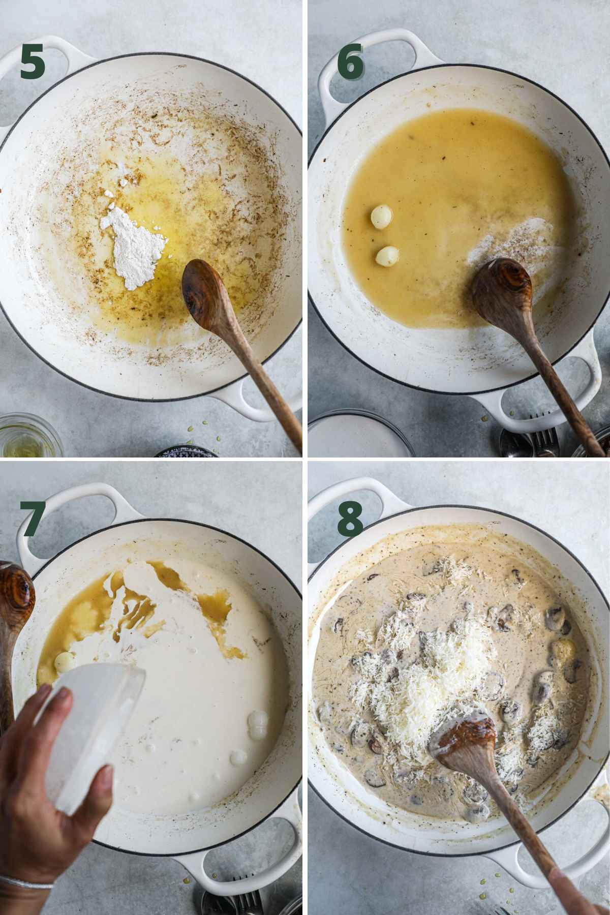 Steps to make black truffle mushroom pasta, melt butter, add flour, add wine and garlic and cook down, add heavy cream, stir in mushrooms and cheese.
