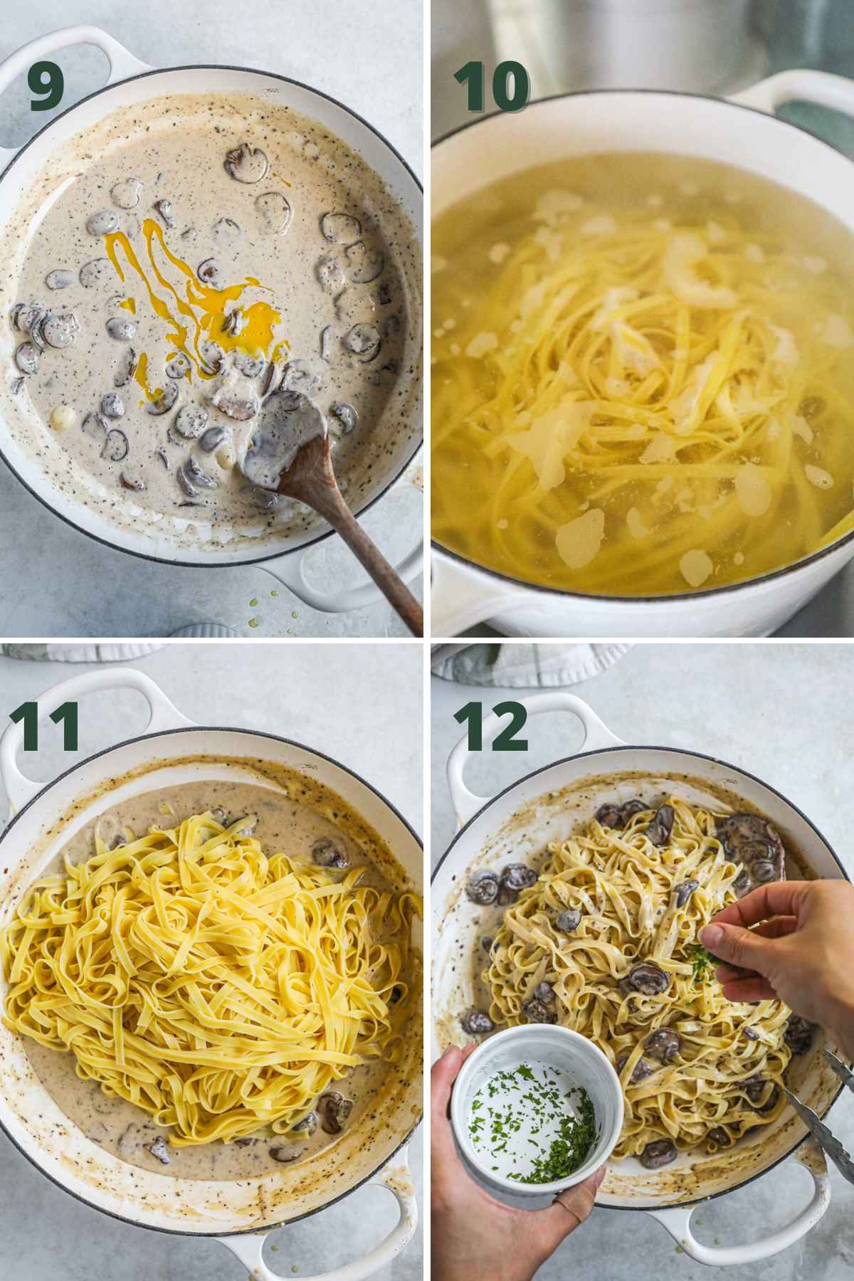 Steps to make black truffle mushroom pasta, stir in egg yolk, cook pasta, stir in pasta and pasta water, add italian parsley.