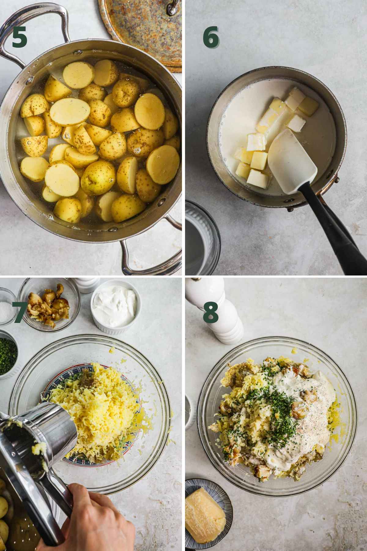 Steps to make garlic mashed potatoes, boil potatoes, heat butter milk, rice potatoes in a bowl, add sour cream, roasted garlic, parmesan, chives, kosher salt.