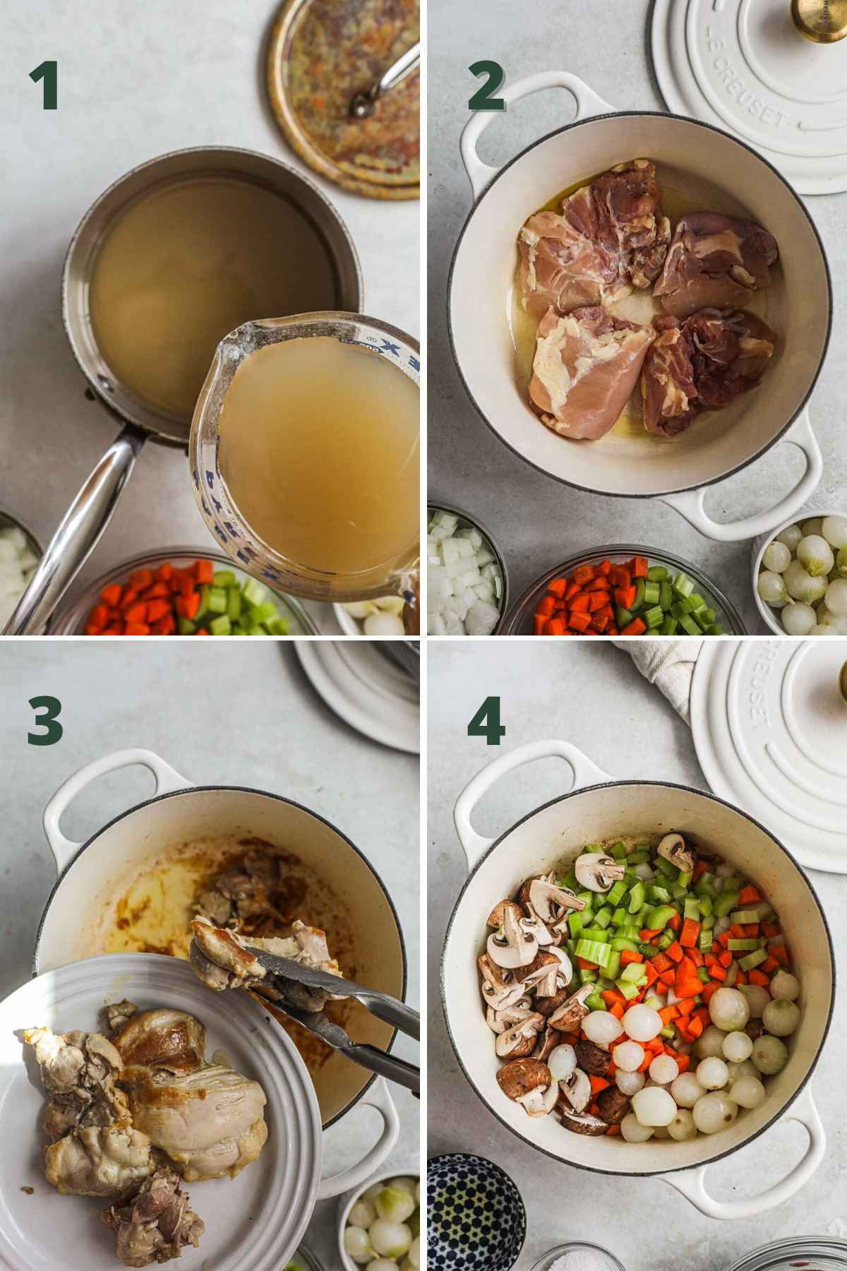 Steps to make puff pastry chicken pot pie, heat up stock, cook chicken in a dutch oven and remove, and sauté onions, carrots, celery, mushrooms.