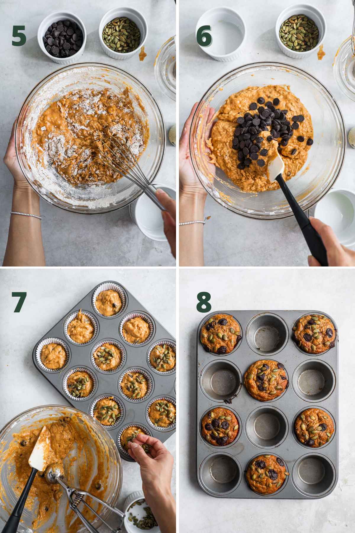 Steps to make pumpkin banana muffins, whisk ingredients, fold in chocolate chips, add to paper liners and top with pumpkin seeds, bake and enjoy.