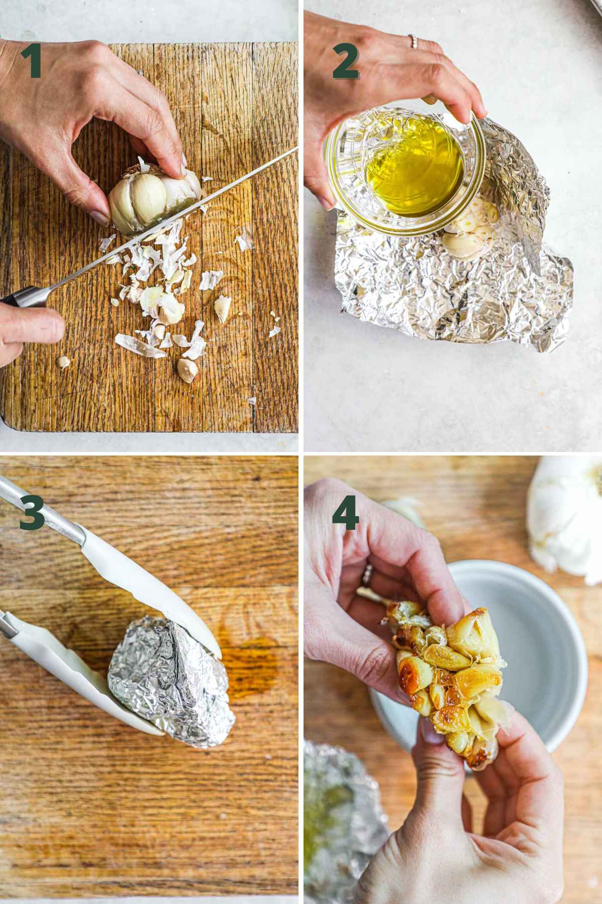 Steps to make roasted garlic mashed potatoes, cut garlic bulb, add olive oil, wrap in foil, roast, and remove roasted cloves.