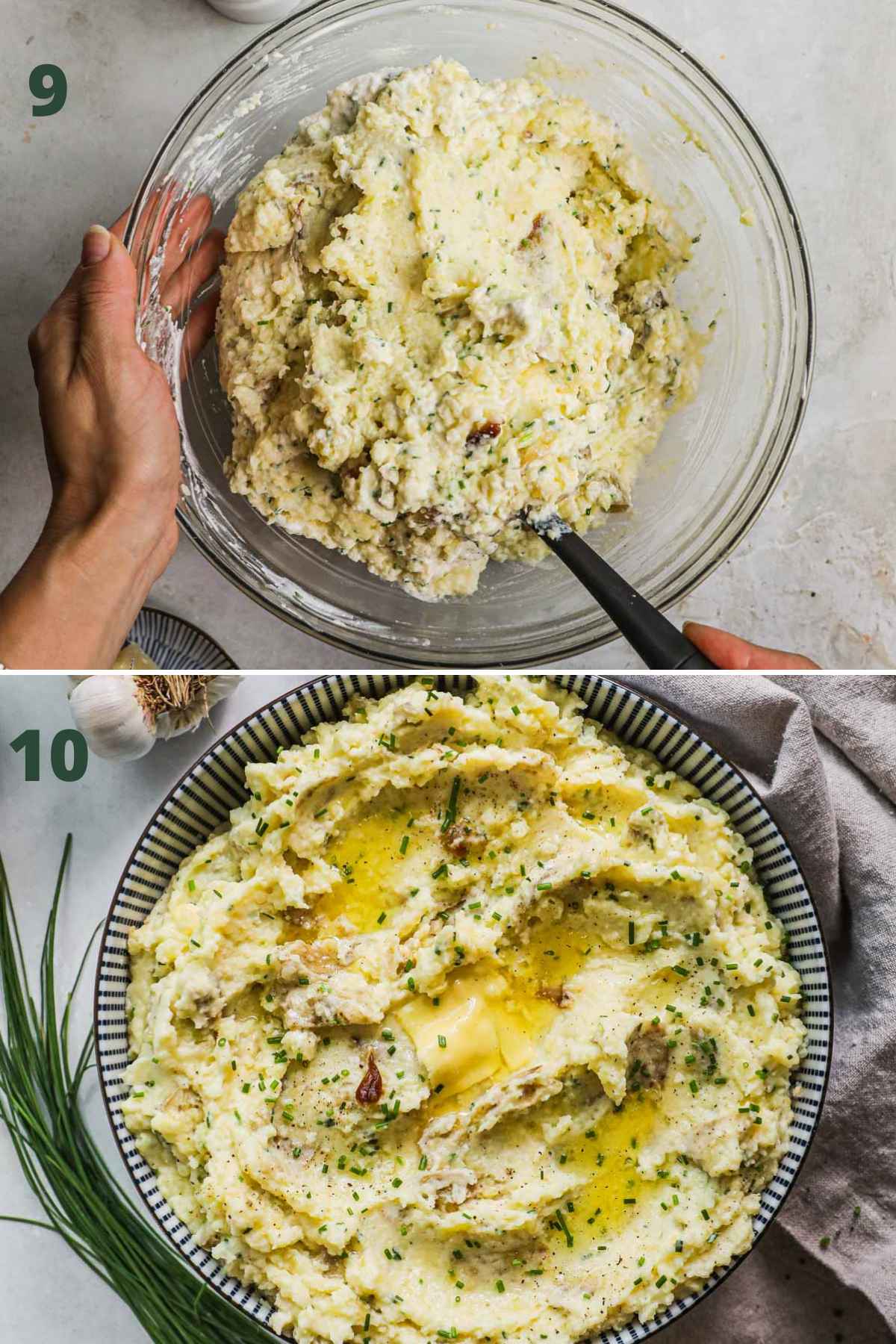 Steps to make roasted garlic mashed potatoes, mix riced yukon potatoes with sour cream, roasted garlic, parmigiano-reggiano, chives, salt, pepper, heavy cream, butter.