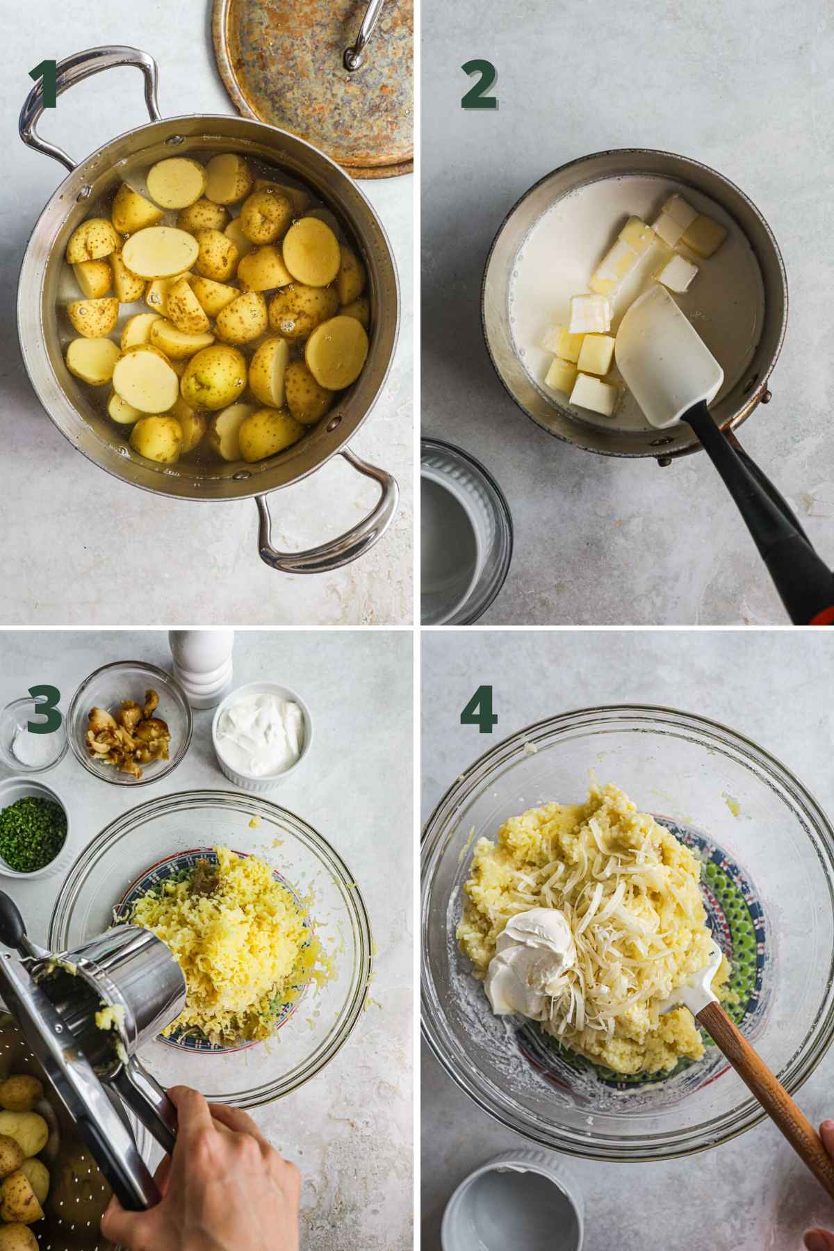 Steps to make truffle mashed potatoes, boil yukon potatoes; heat heavy cream and butter; mash potatoes; stir in gruyere, cream mixture, creme fraiche.