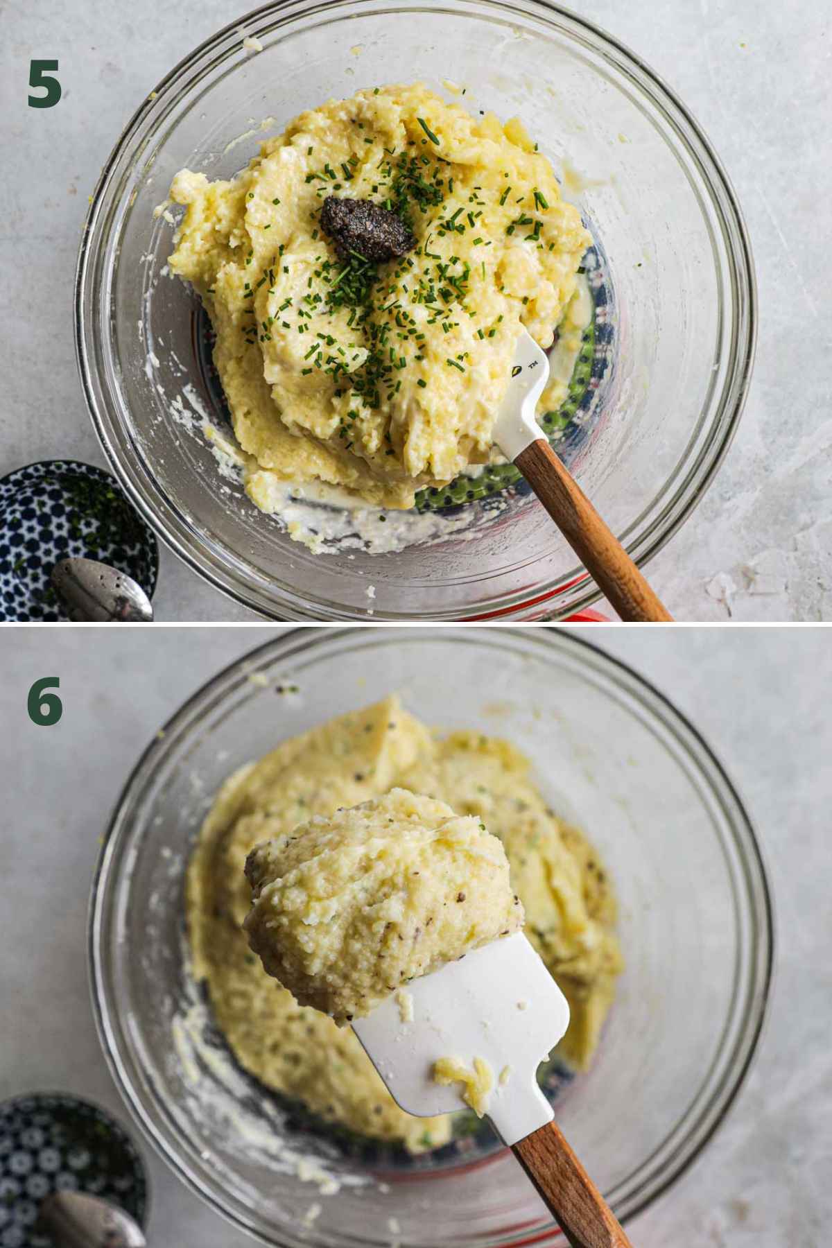 Steps to make truffle mashed potatoes, fold in truffle puree or oil and chives then serve.