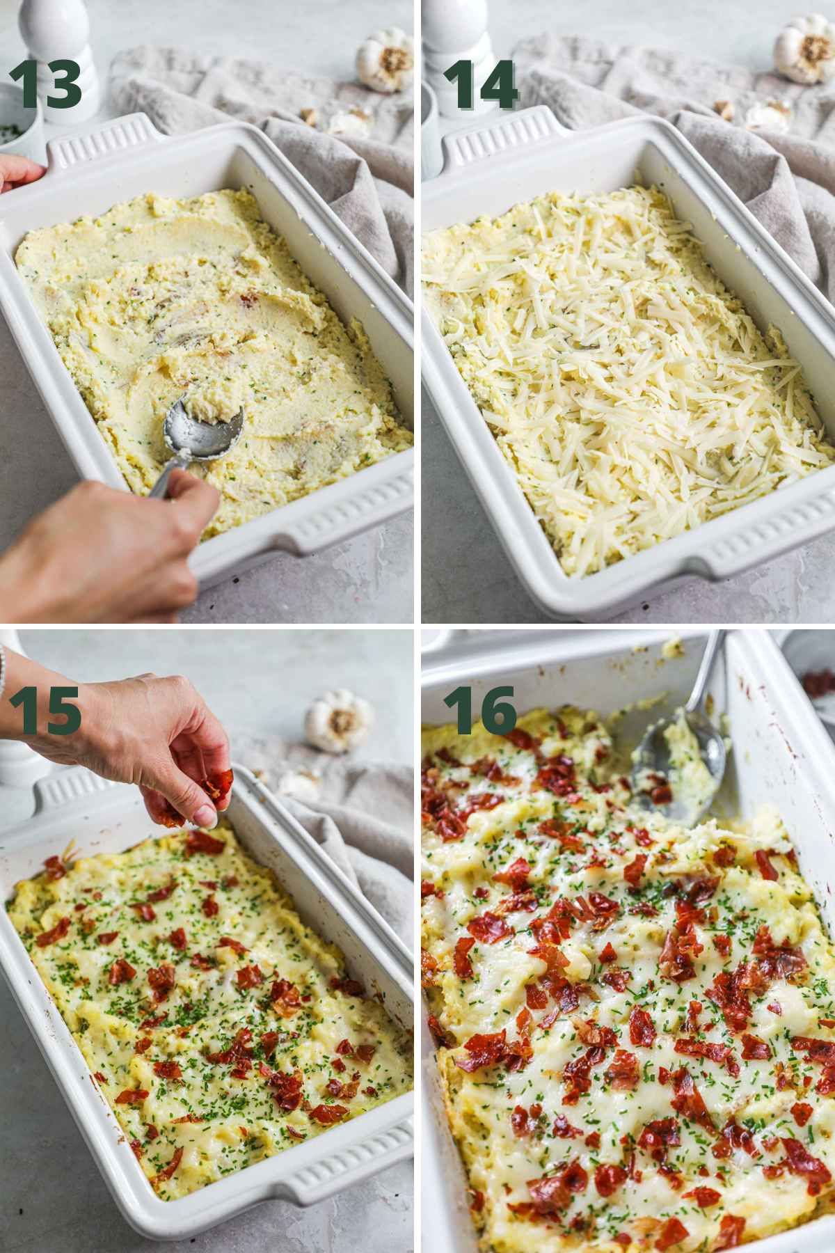 Steps to make twice-baked mashed potatoes, smooth out potatoes; sprinkle with gruyere; bake; top with crispy prosciutto and chives; serve.