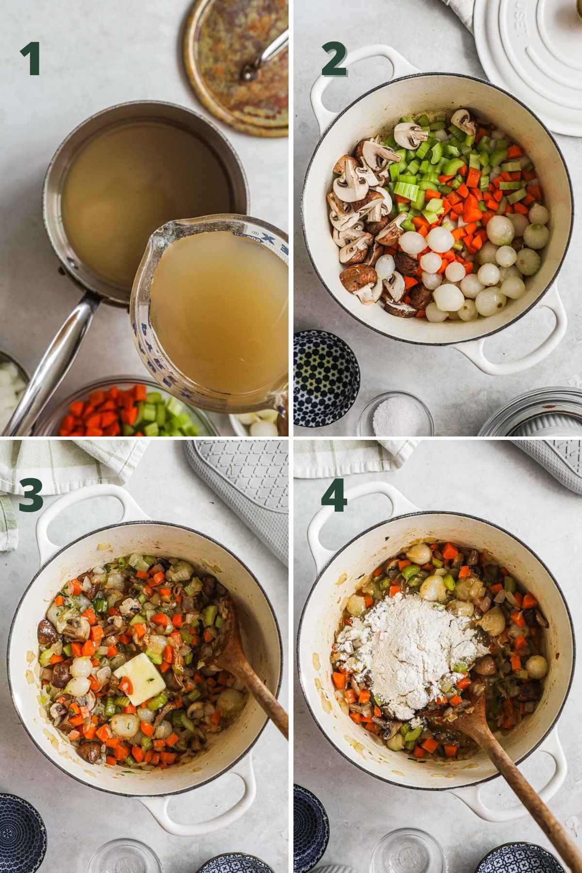 Steps to make vegetarian pot pie, heat vegetable stock in a saucepan, saute vegetables, add butter and flour to make roux.