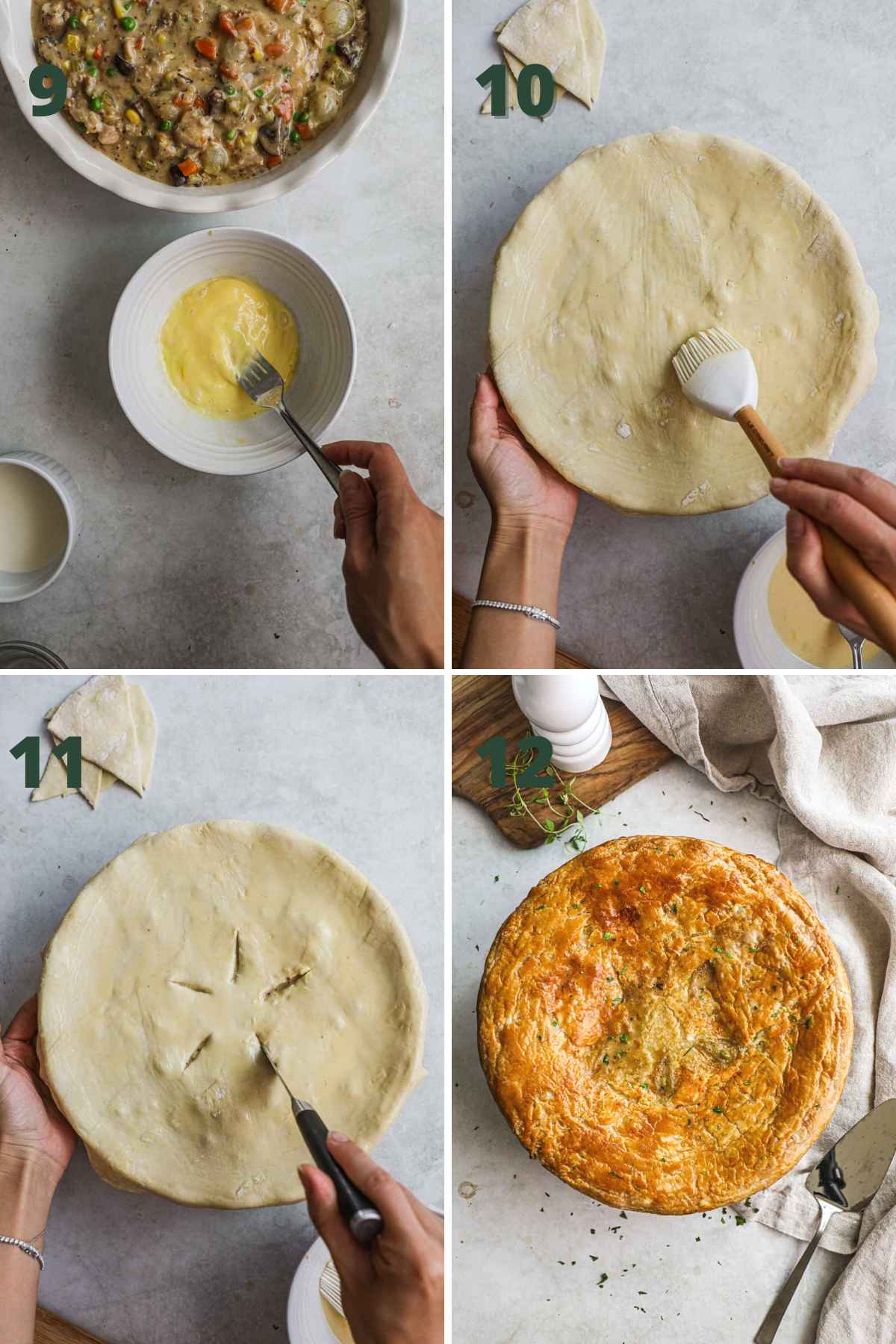 Steps to make vegetarian pot pie, whisk egg wash, add crust and brush with egg wash, cut splits in crust, and bake.